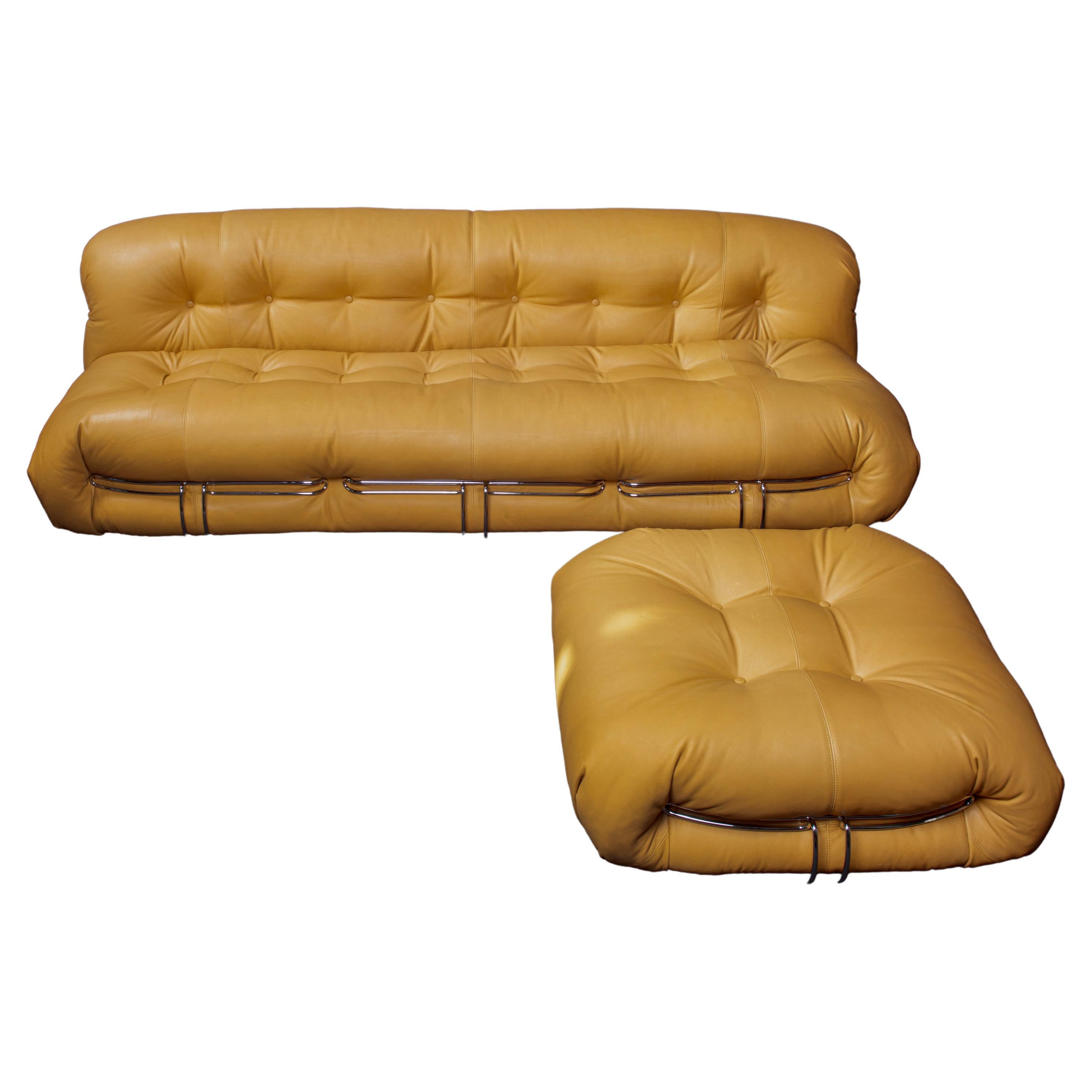 Afra & Tobia Scarpa Soriana sofa and ottoman in light tobacco leather by Cassina in aniline leather.
The ottoman is 95x82x42cm.