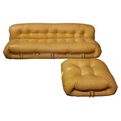 Afra & Tobia Scarpa Soriana Sofa and Ottoman in Light Tobacco Leather by Cassina