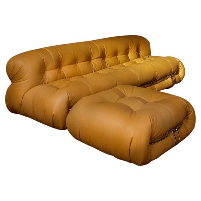 Afra & Tobia Scarpa Soriana Sofa and Ottoman in Light Tobacco Leather by Cassina For Sale