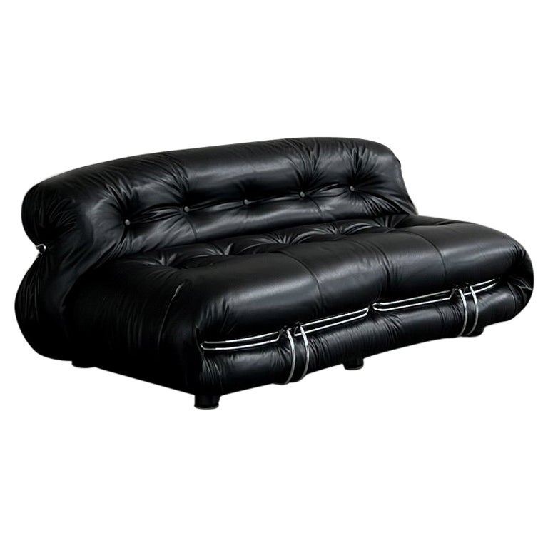 Afra & Tobia Scarpa “Soriana” Sofa for Cassina, Black Leather, 1969