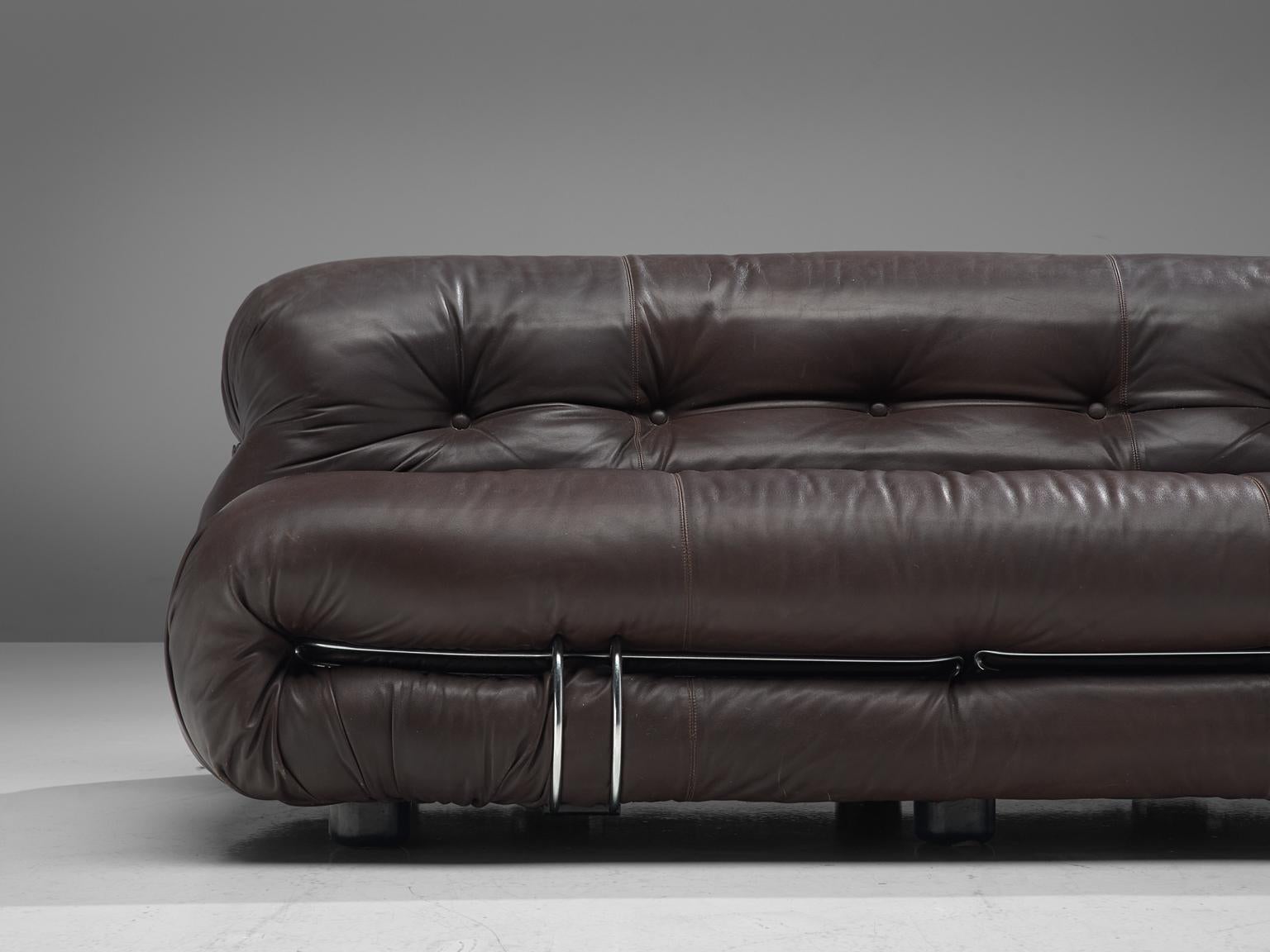Post-Modern Afra & Tobia Scarpa 'Soriana' Sofa in Chocolate Brown Leather