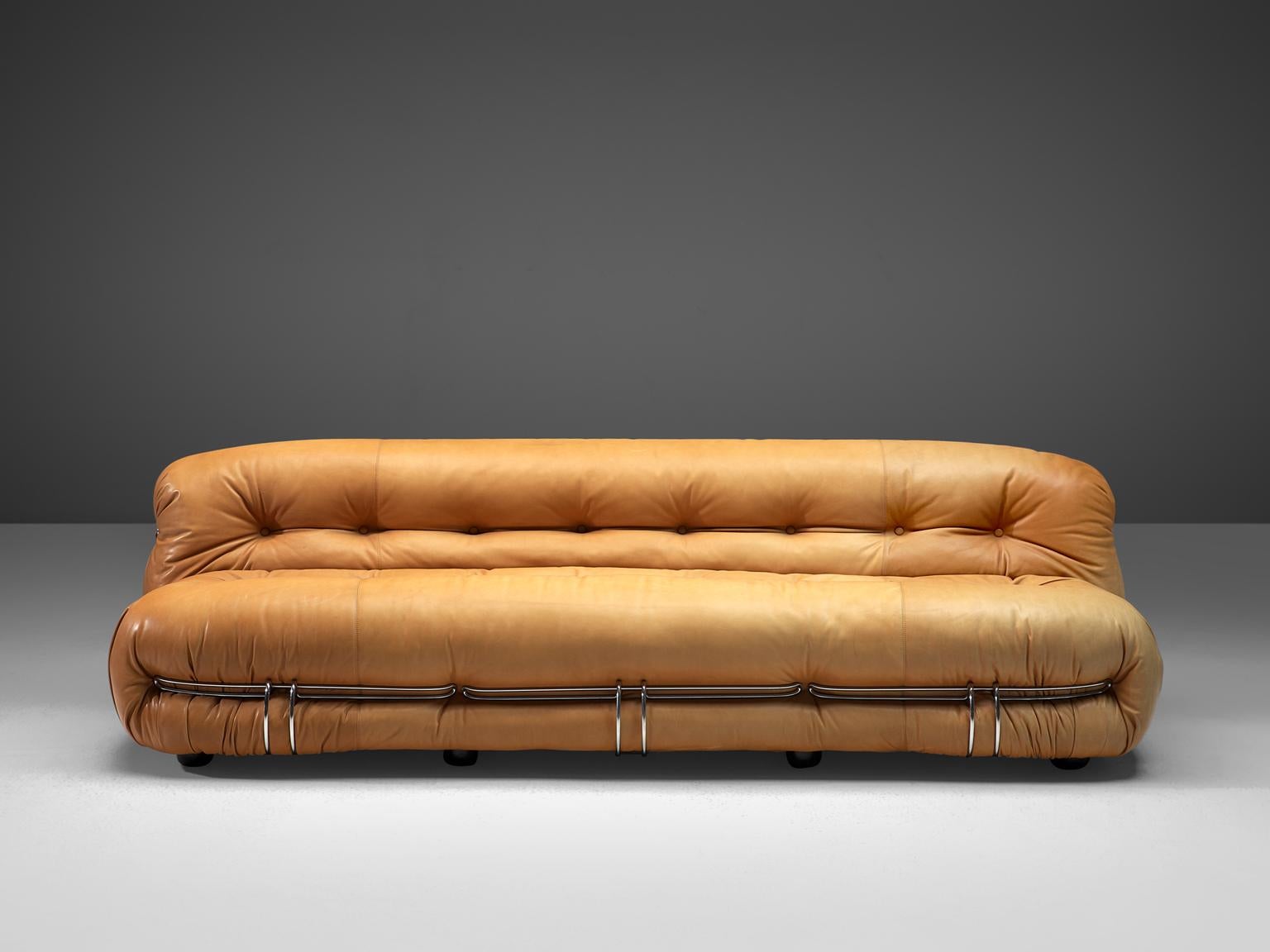 Afra & Tobia Scarpa for Cassina, 'Soriana' three-seat sofa, patinated cognac leather and metal, Italy, 1969. 

This sofa by the Italian designer couple Afra & Tobia Scarpa, the Soriana proposes a model that institutionalizes the image of the