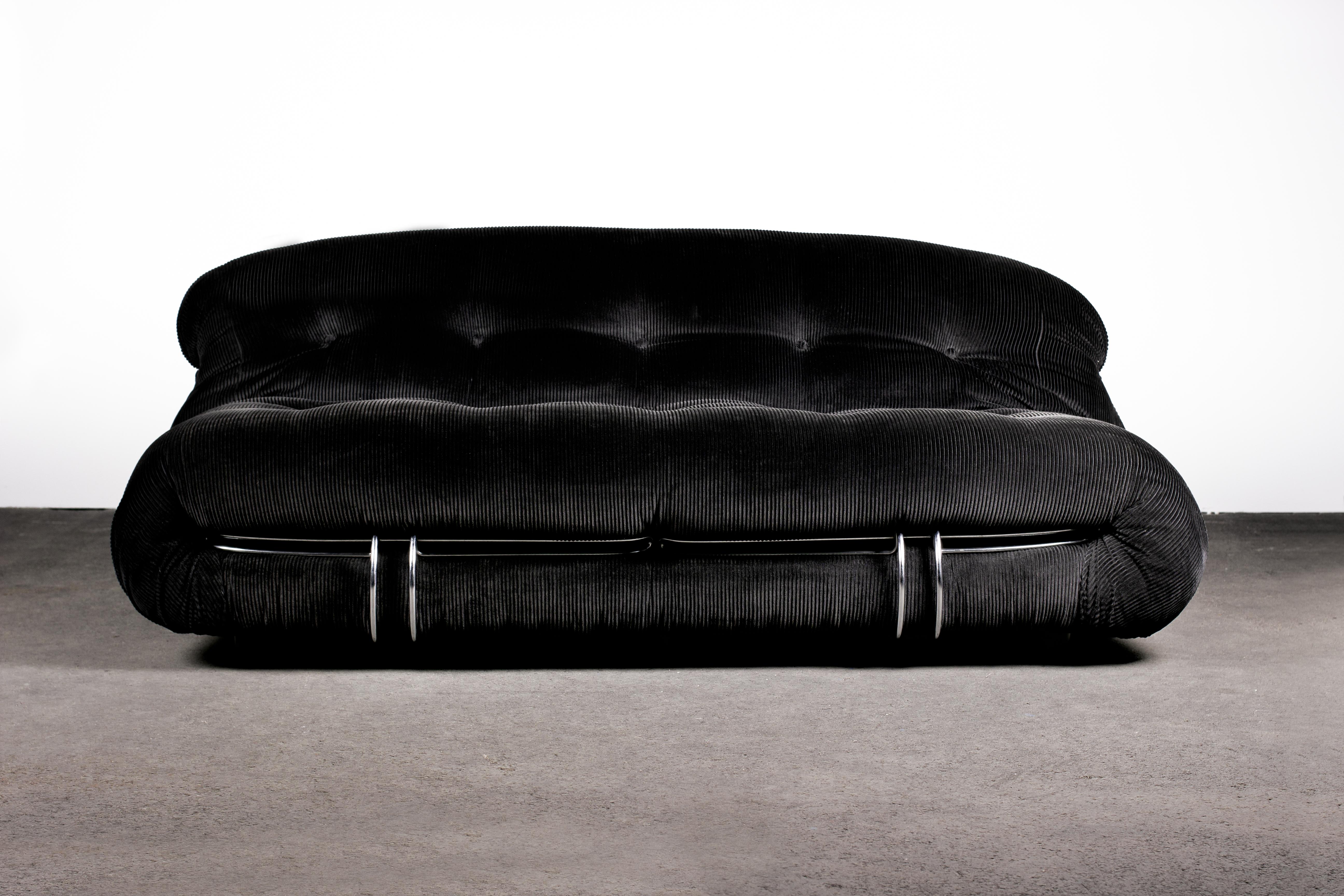 Afra & Tobia Scarpa, Soriana Sofa in Original Black Anthracite Corduroy, 1970 7