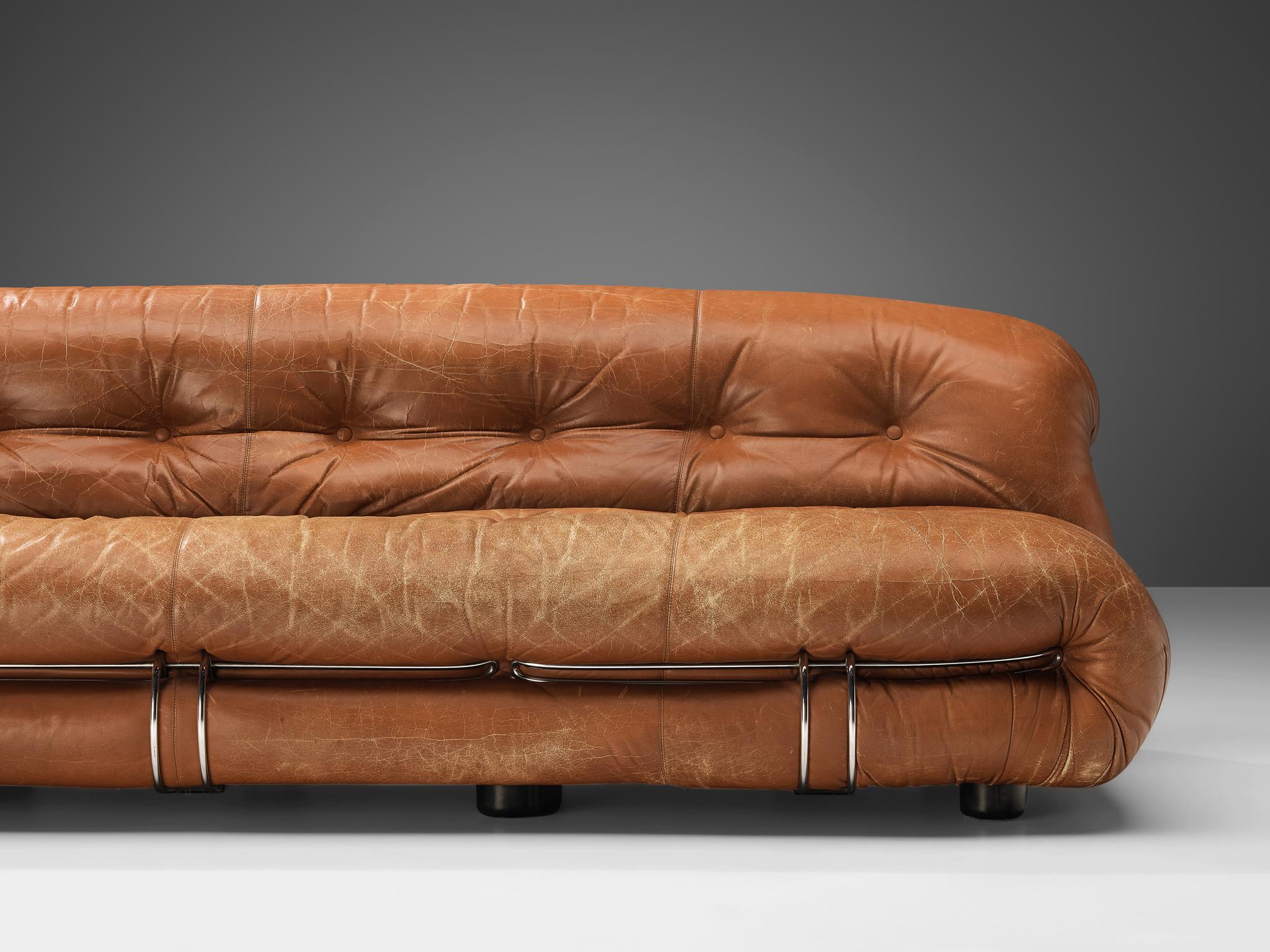 Mid-Century Modern Afra & Tobia Scarpa 'Soriana' Sofa in Patinated Brown Leather