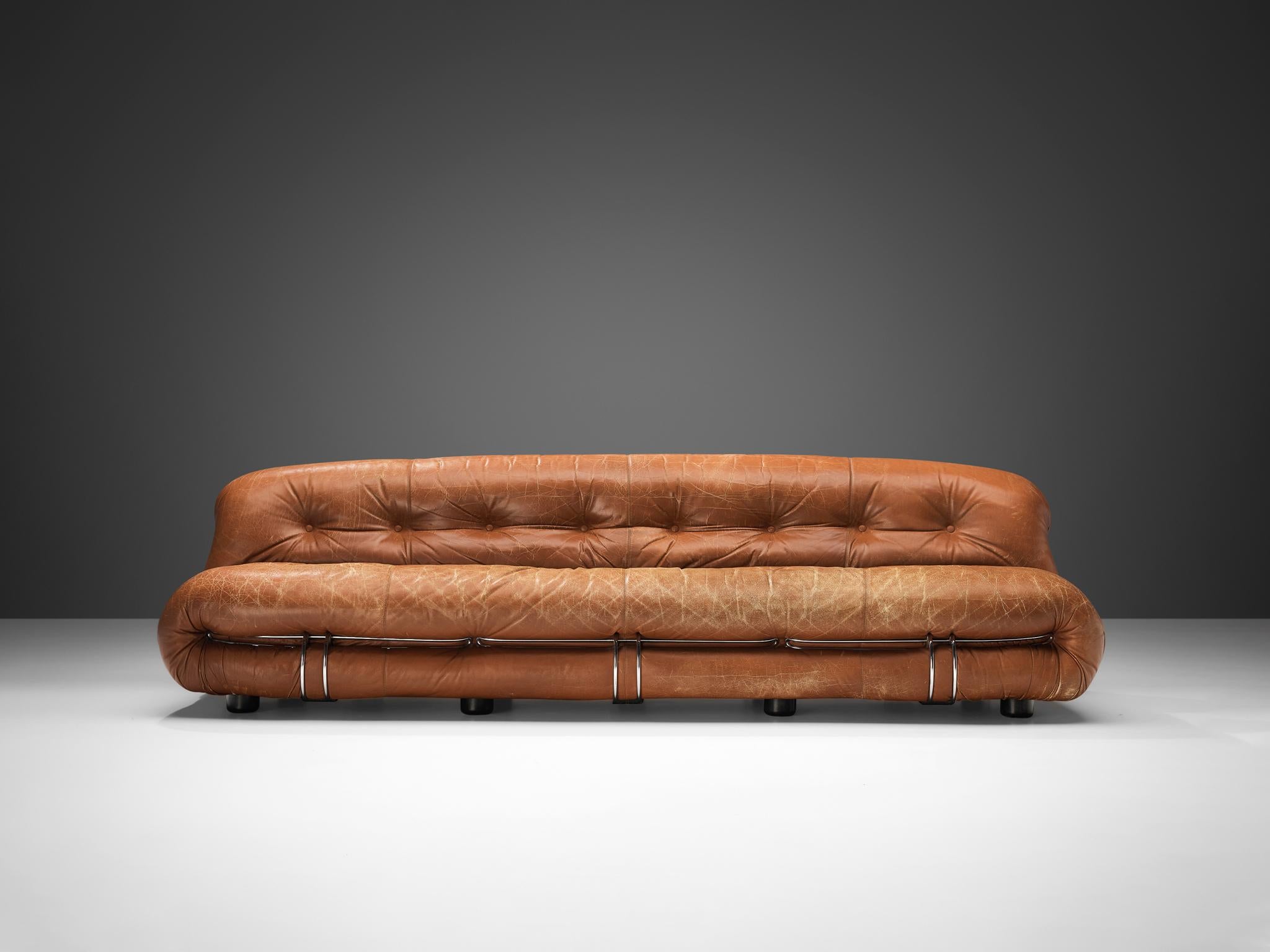 Italian Afra & Tobia Scarpa 'Soriana' Sofa in Patinated Brown Leather