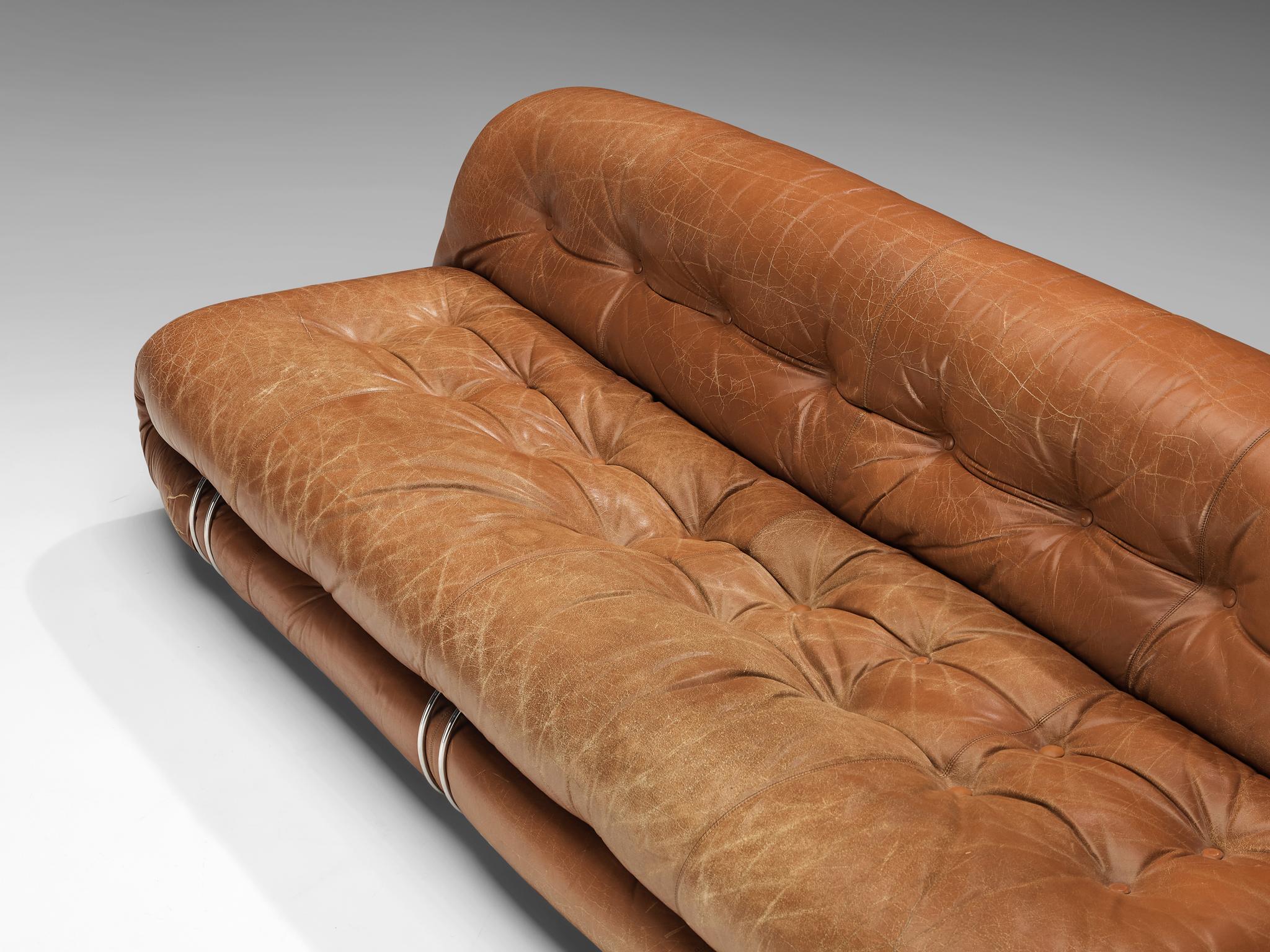Afra & Tobia Scarpa 'Soriana' Sofa in Patinated Brown Leather In Good Condition In Waalwijk, NL