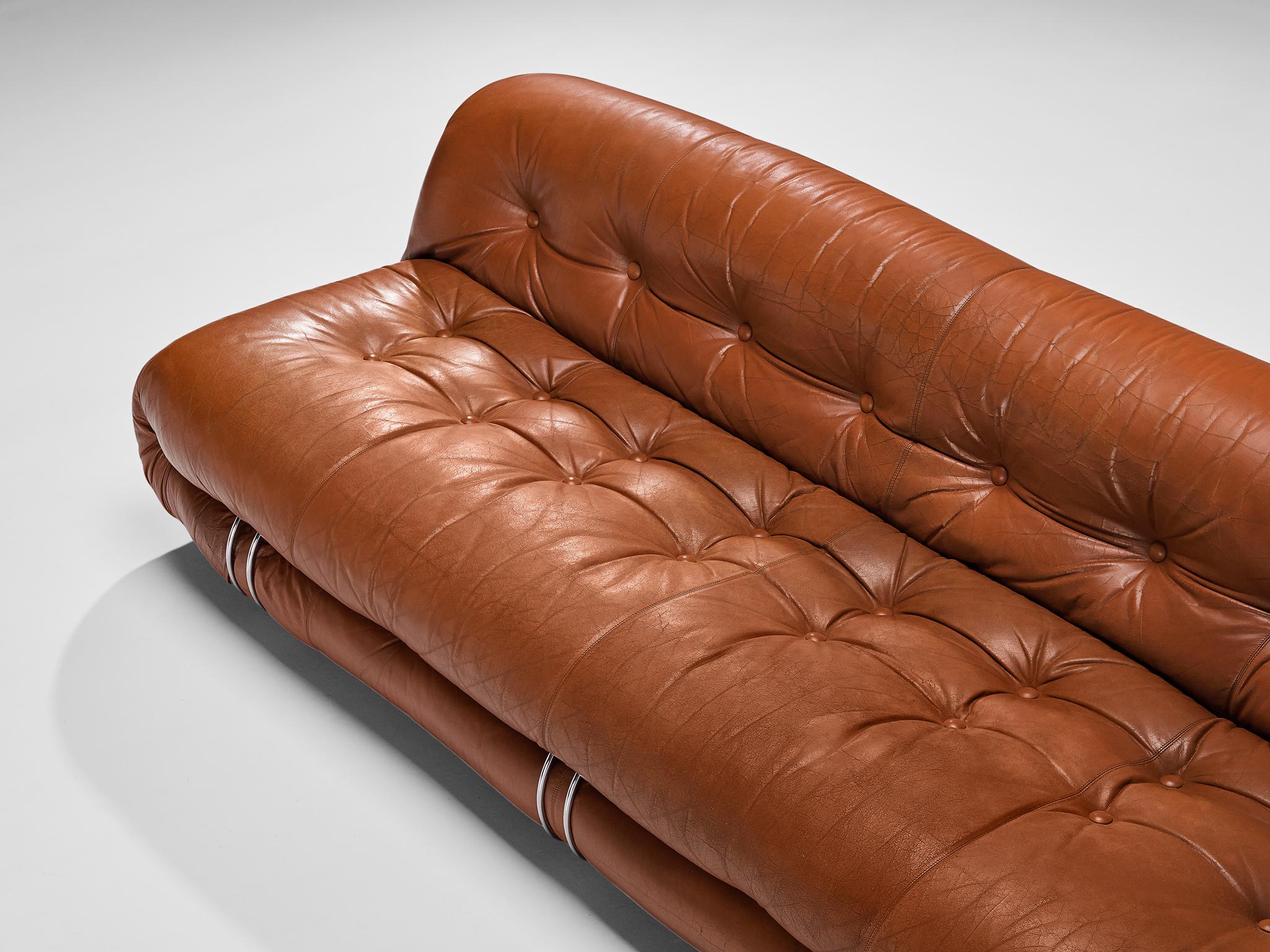 Italian Afra & Tobia Scarpa 'Soriana' Sofa in Patinated Brown Leather