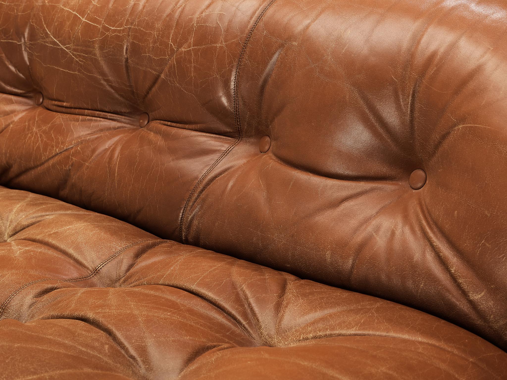 Metal Afra & Tobia Scarpa 'Soriana' Sofa in Patinated Brown Leather