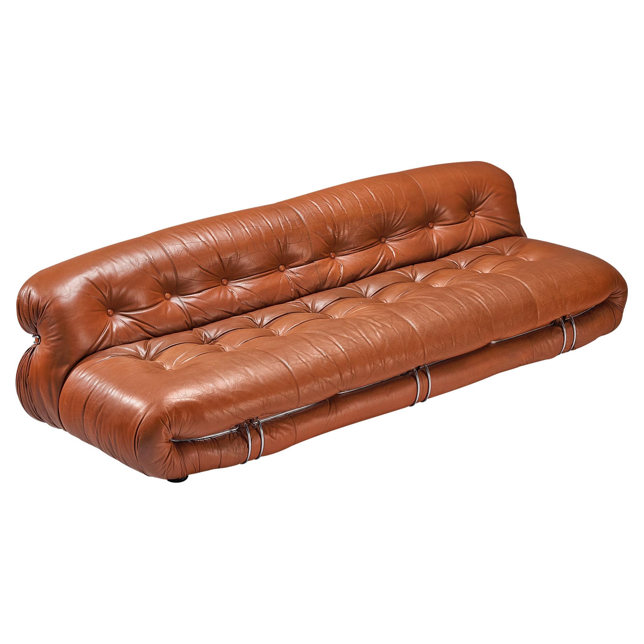 Afra & Tobia Scarpa 'Soriana' Sofa in Patinated Brown Leather