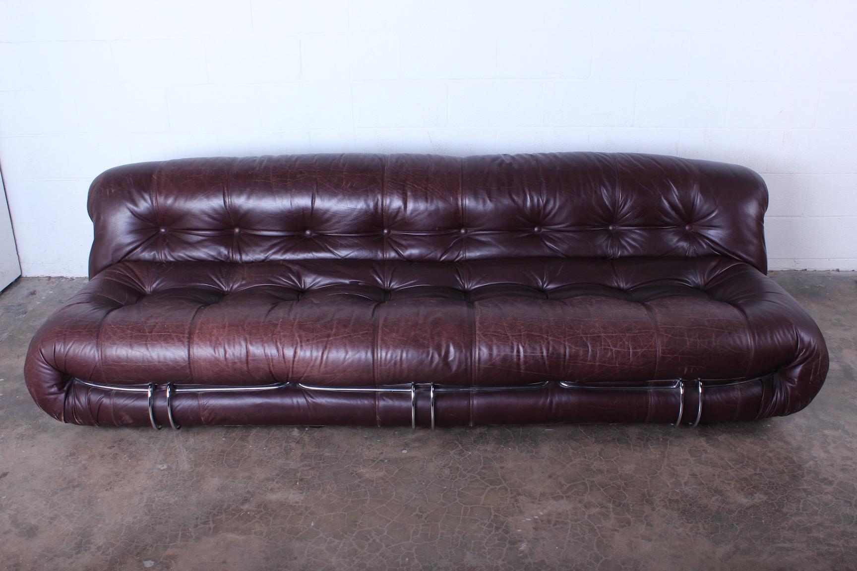 A beautifully patinated leather Soriana sofa designed by Afra & Tobia Scarpa for Cassina.