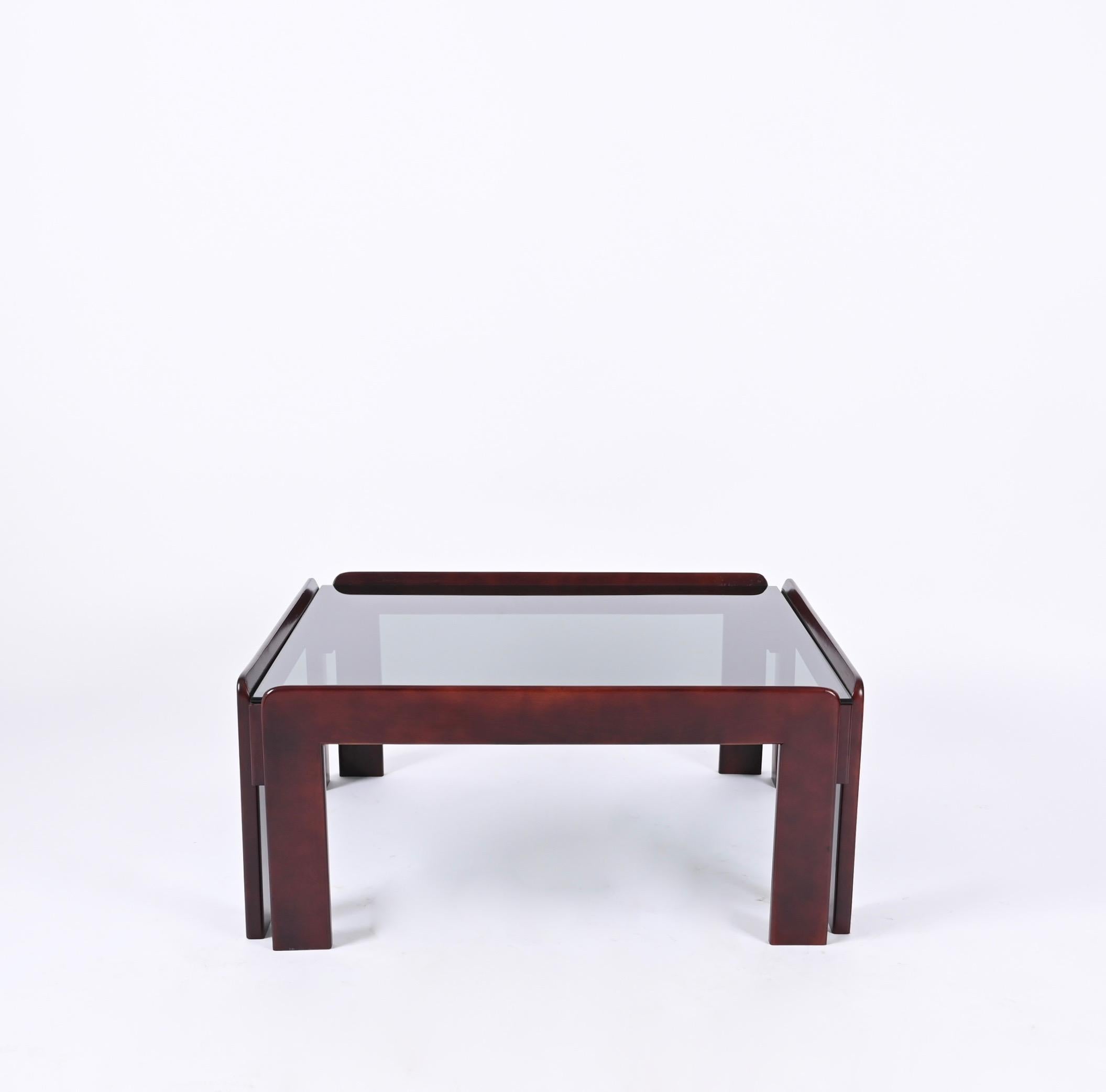 Mid-Century Modern Afra & Tobia Scarpa Square Coffee Table with Smoked Glass, Italy 1960s