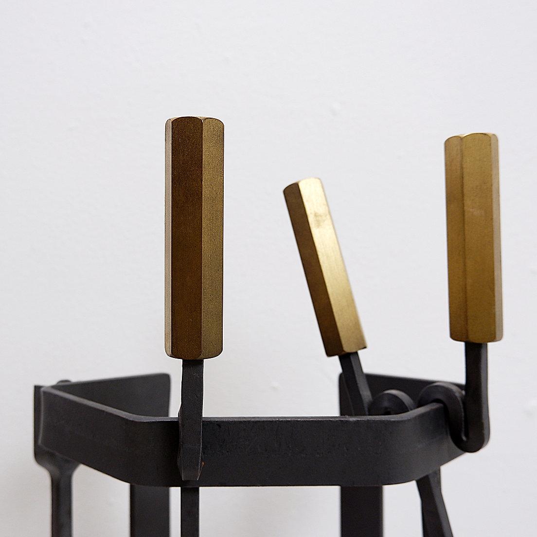 Mid-Century Modern Afra & Tobia Scarpa style Fire tool set - 3 pces & stand For Sale