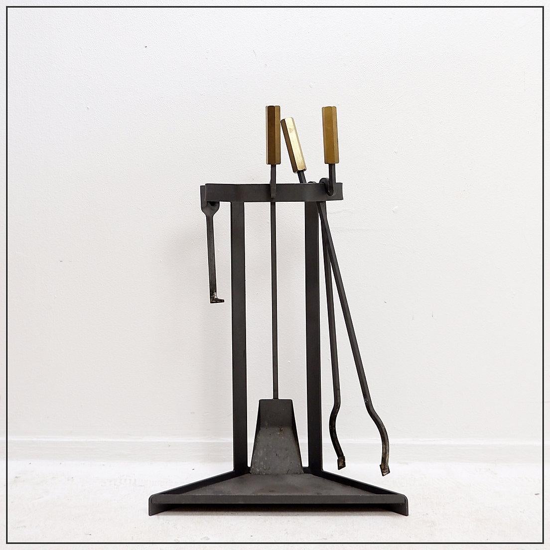 20th Century Afra & Tobia Scarpa style Fire tool set - 3 pces & stand For Sale