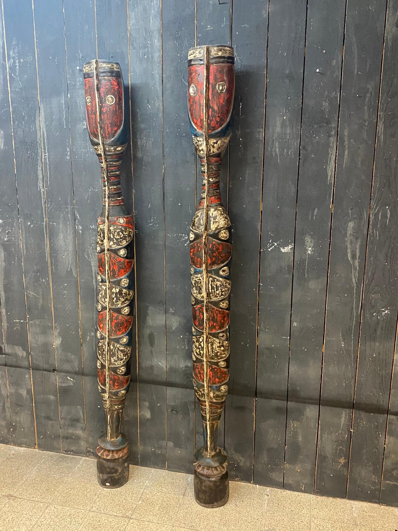 Mid-Century Modern Africa, 2 Decorative Elements in Polychrome Wood, circa 1950 For Sale
