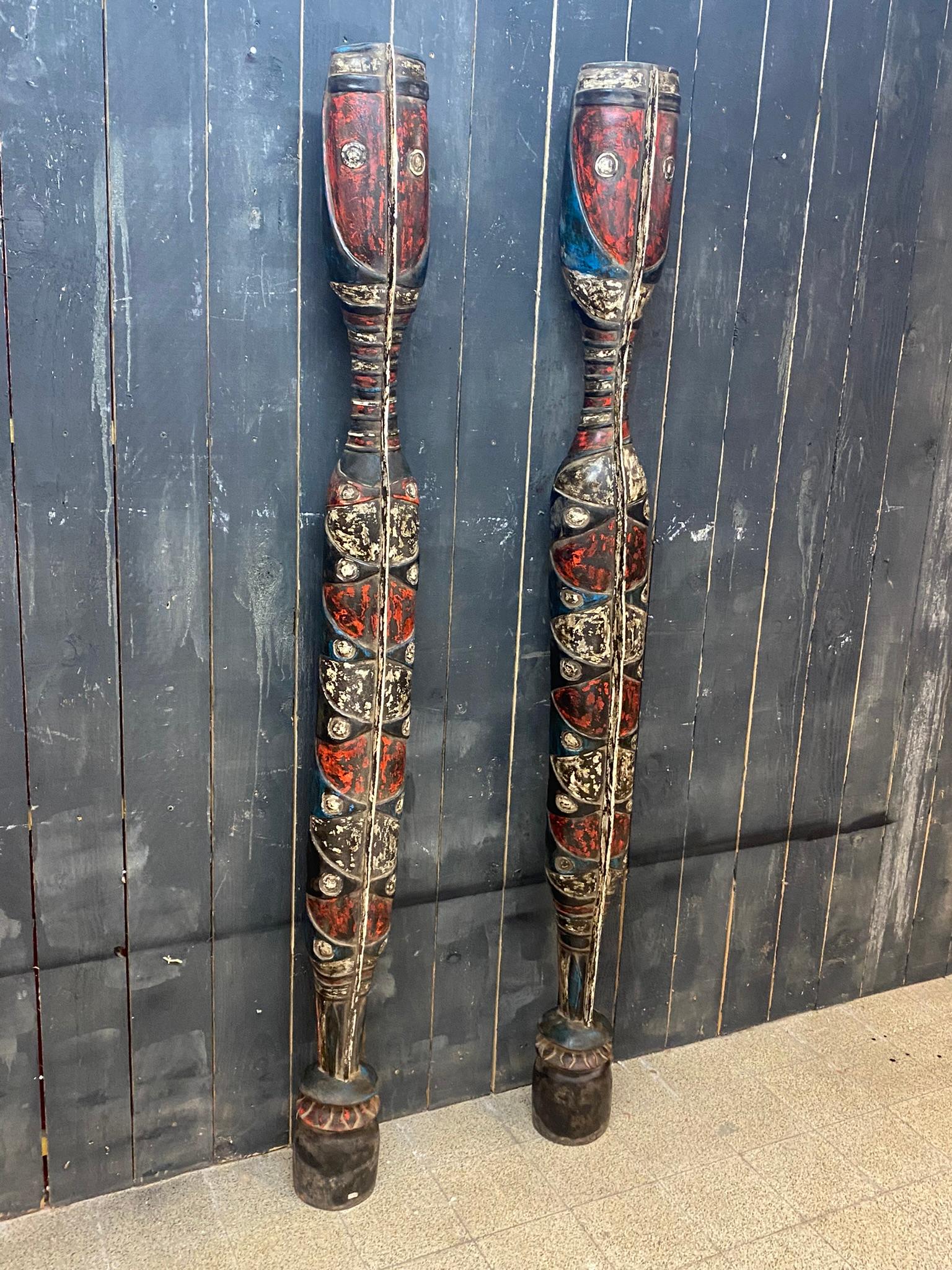 Polychromed Africa, 2 Decorative Elements in Polychrome Wood, circa 1950 For Sale