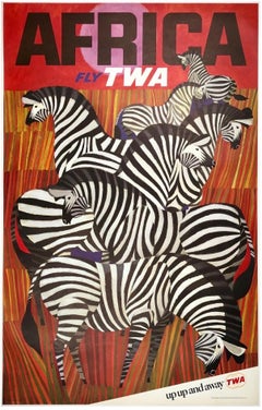 AFRICA - FLY TWA - UP UP & AWAY Original Vintage Airline Travel Poster KLEIN