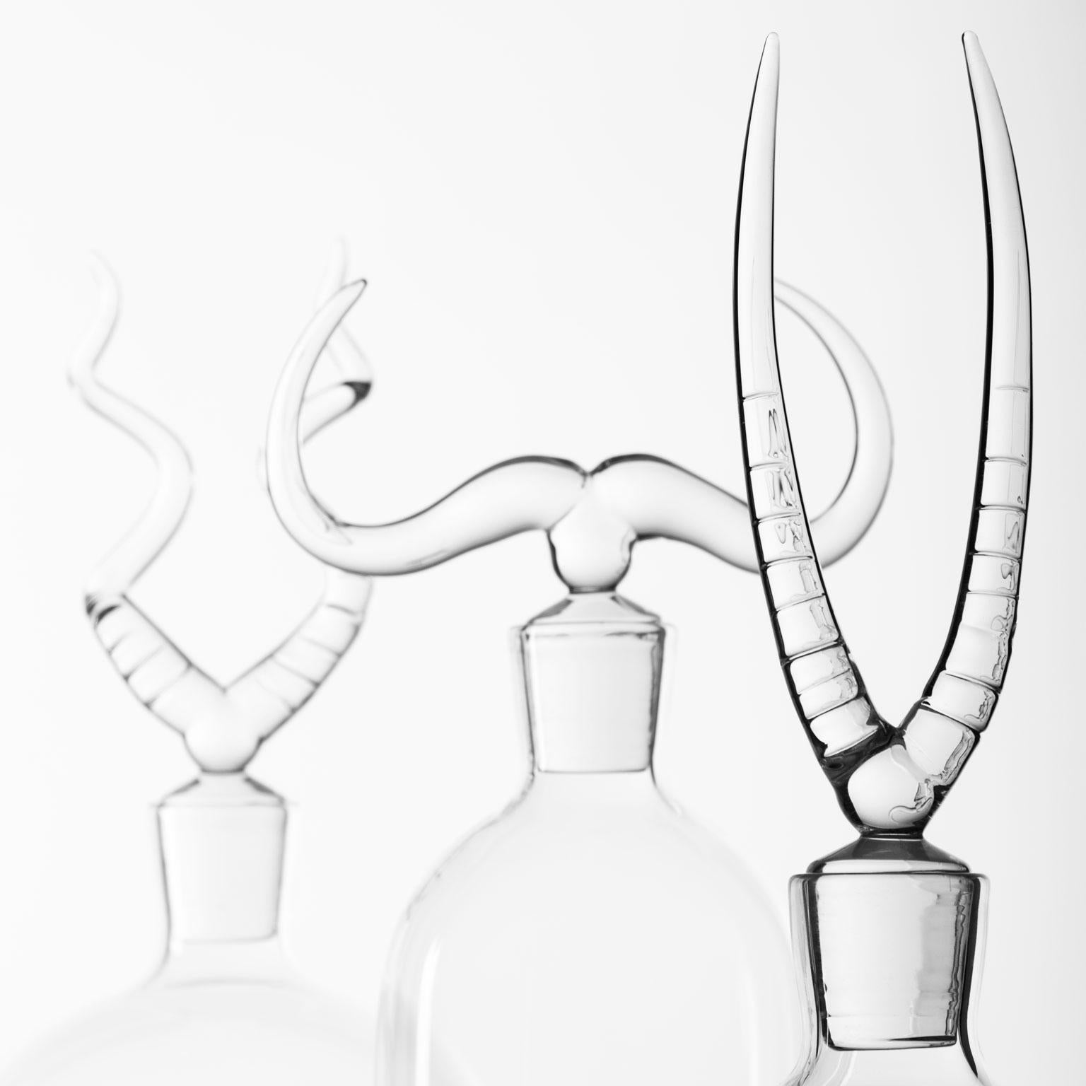 Modern Contemporary Africa Trophy Hand Blown Glass Bottles Set Liquor Horns Animal For Sale