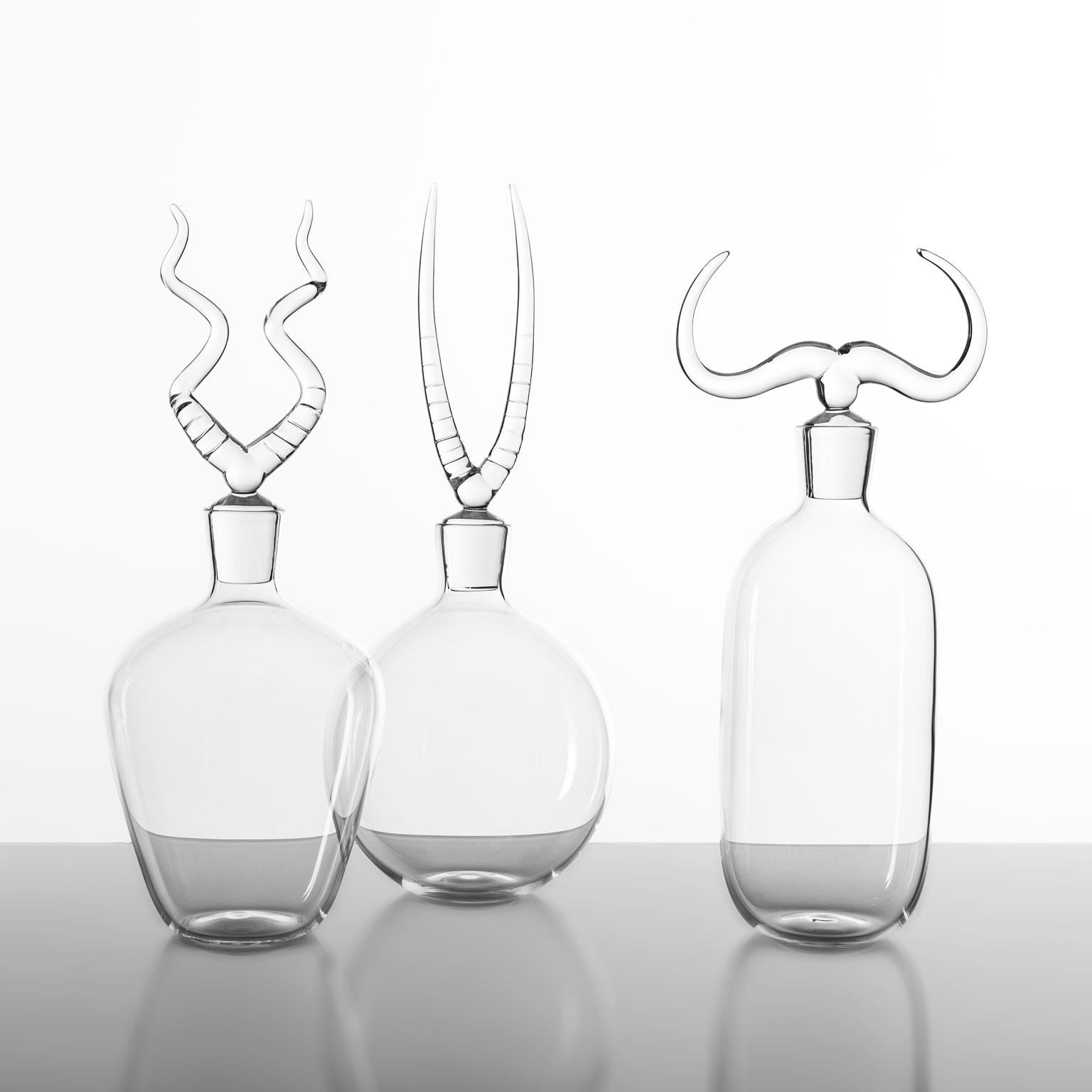 Italian Contemporary Africa Trophy Hand Blown Glass Bottles Set Liquor Horns Animal For Sale