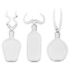 Contemporary Africa Trophy Hand Blown Glass Bottles Set Liquor Horns Animal