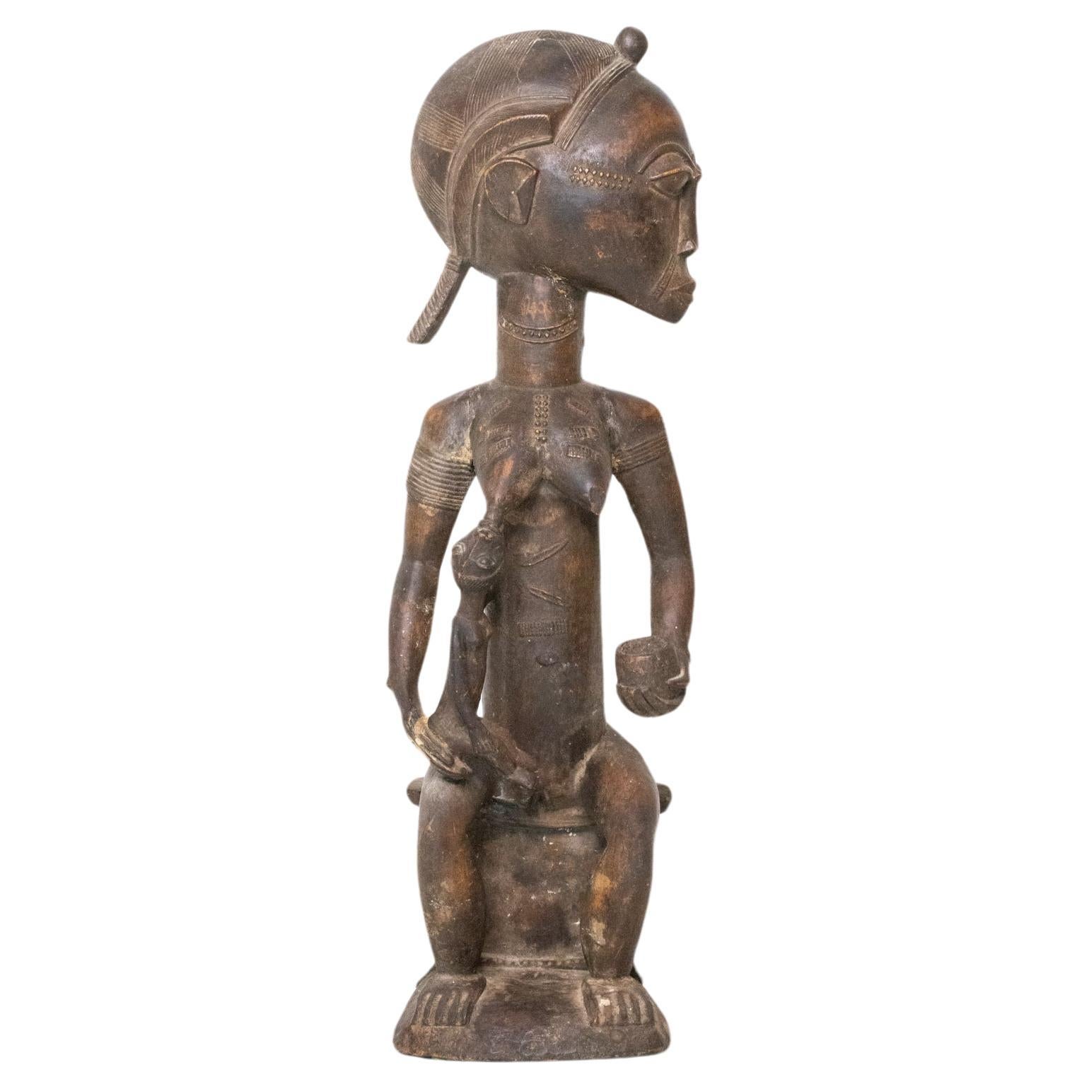 African 1930 Cote D'Ivoire Baoule Tribal Maternity With Child Carved In Wood