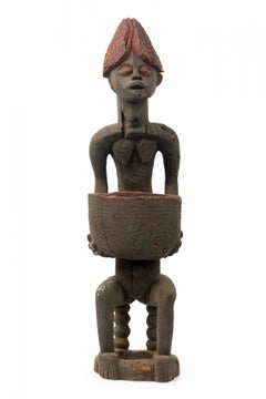African 20th-Century Yoruba Carved Wood & Terracotta Seated Female Figure