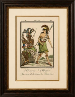 African Amazon and Amazon River Warrior, Hand-Colored Costume Engraving, 1806