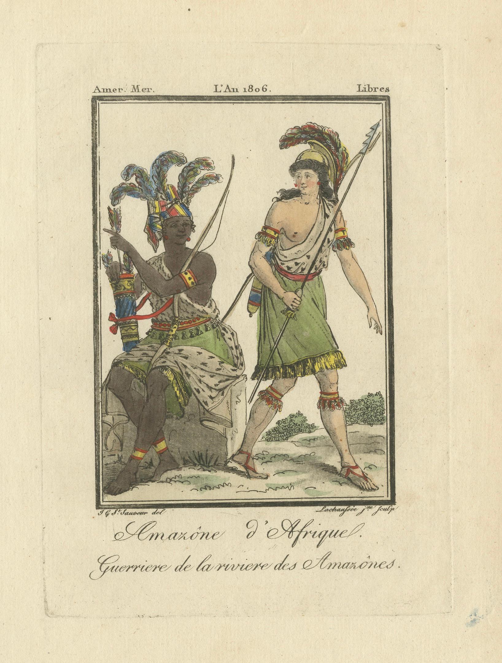 African Amazon and Amazon River Warrior, Hand-Colored Costume Engraving, 1806