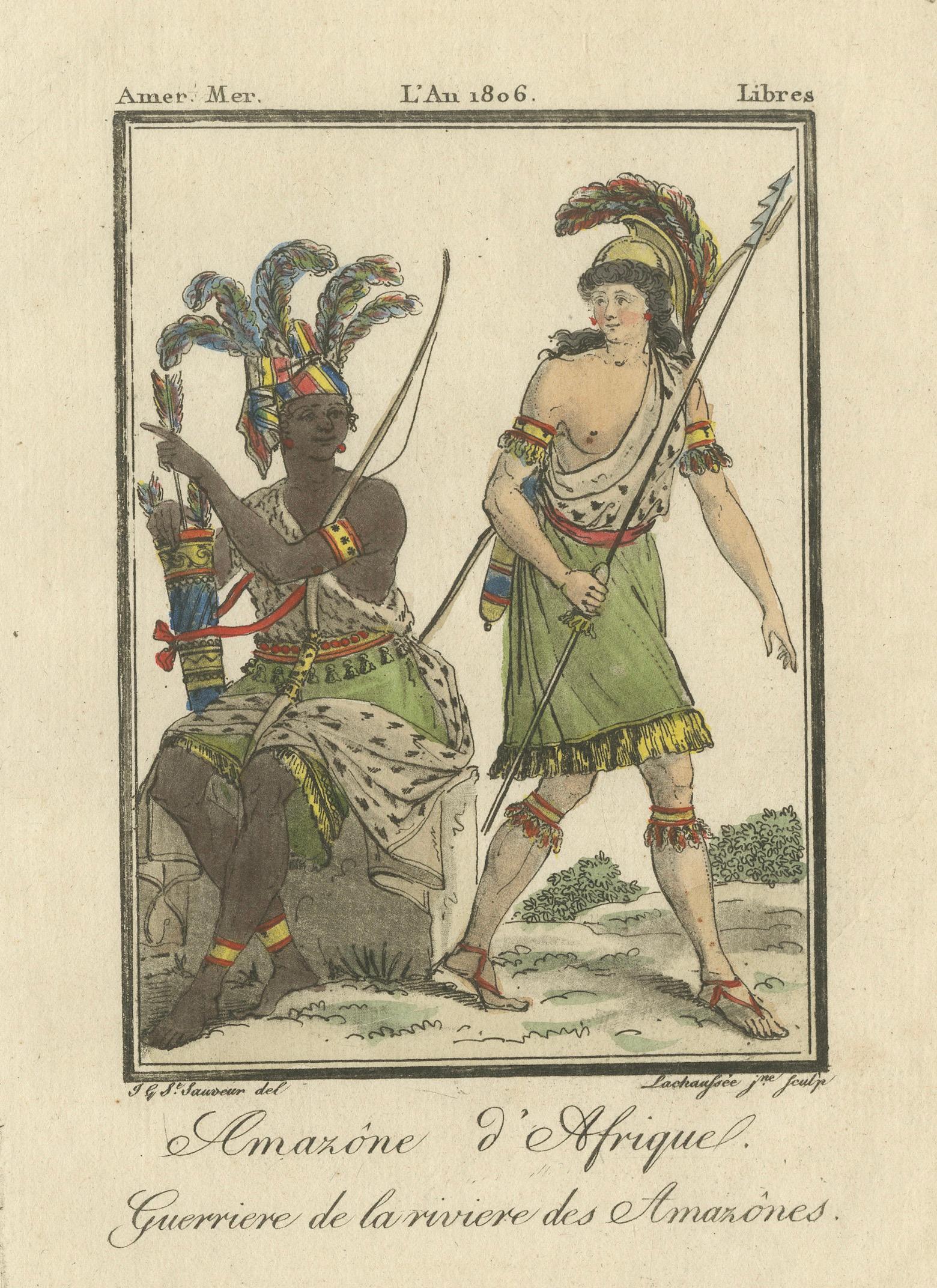 African Amazon and Amazon River Warrior, Hand-Colored Costume Engraving, 1806