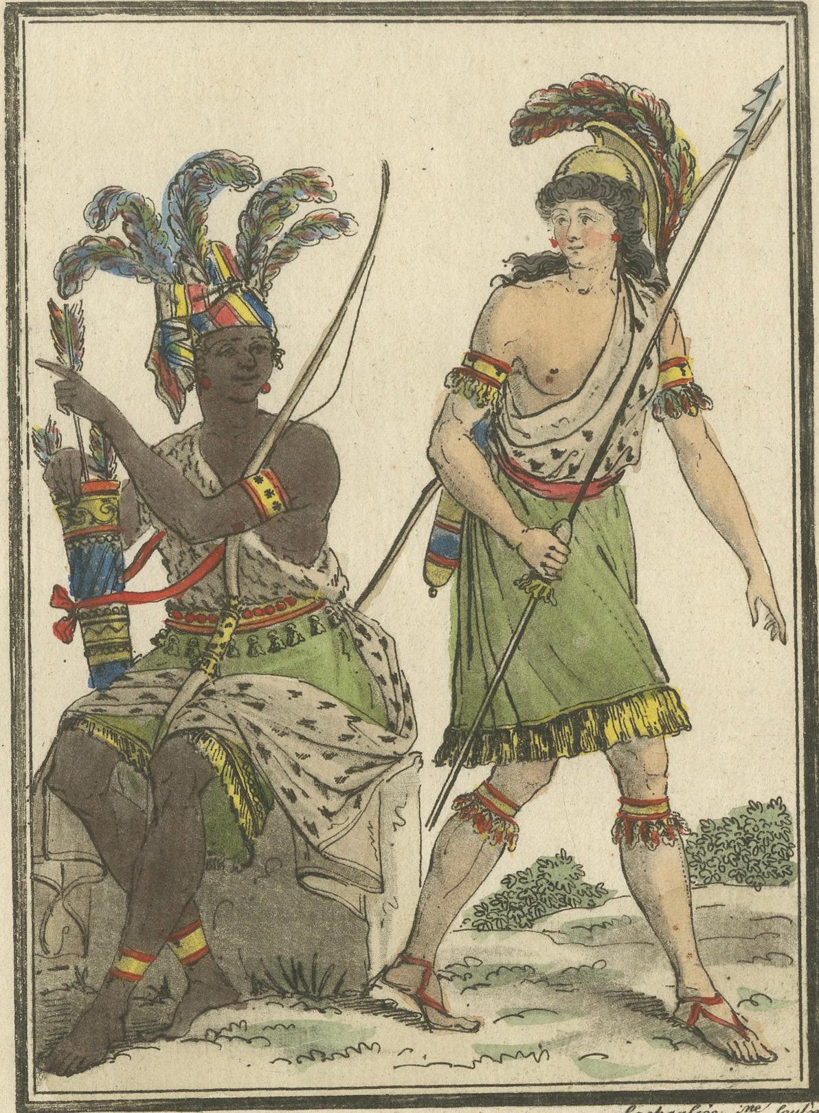 African Amazon and Amazon River Warrior, Hand-Colored Costume Engraving, 1806
