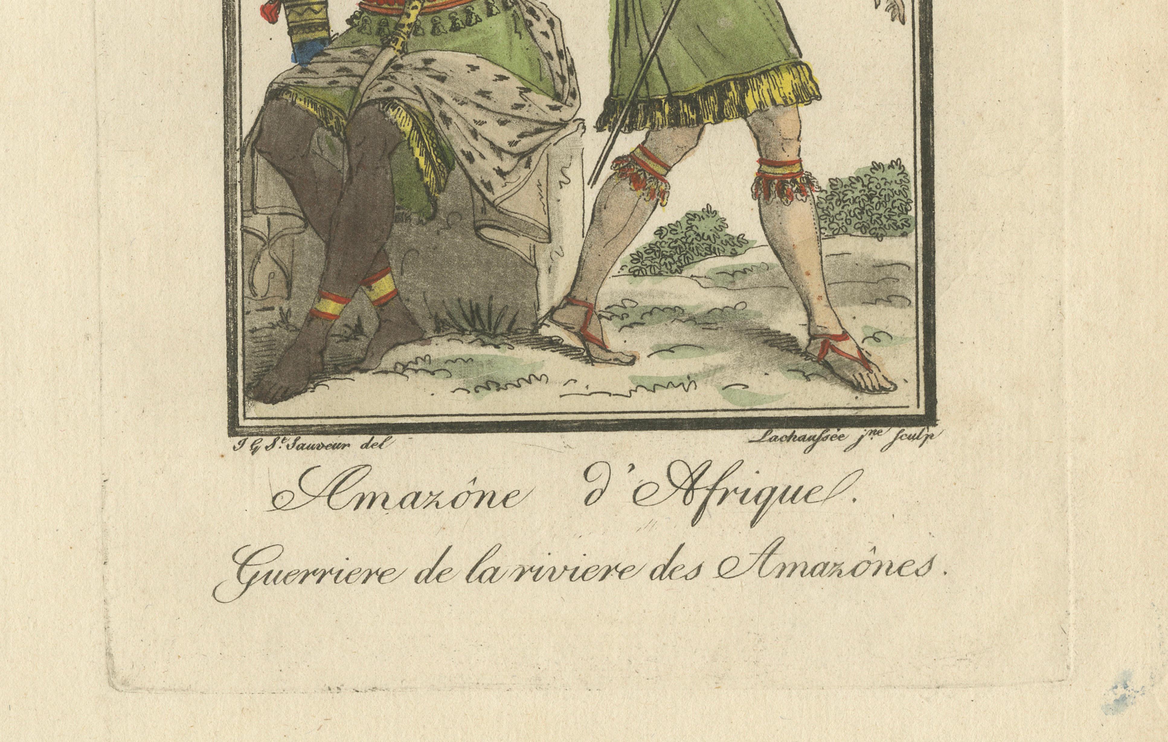 African Amazon and Amazon River Warrior, Hand-Colored Costume Engraving, 1806