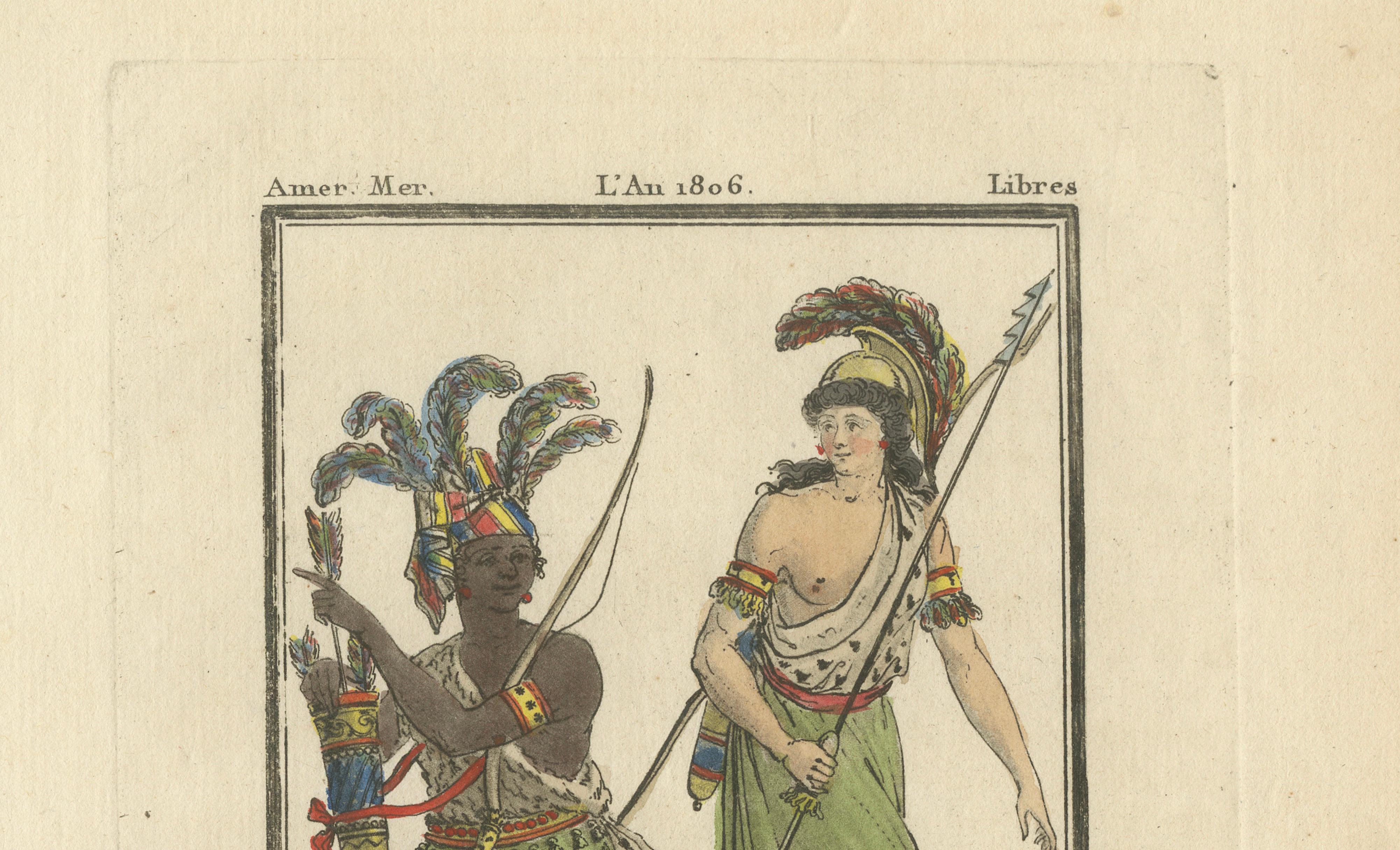 African Amazon and Amazon River Warrior, Hand-Colored Costume Engraving, 1806