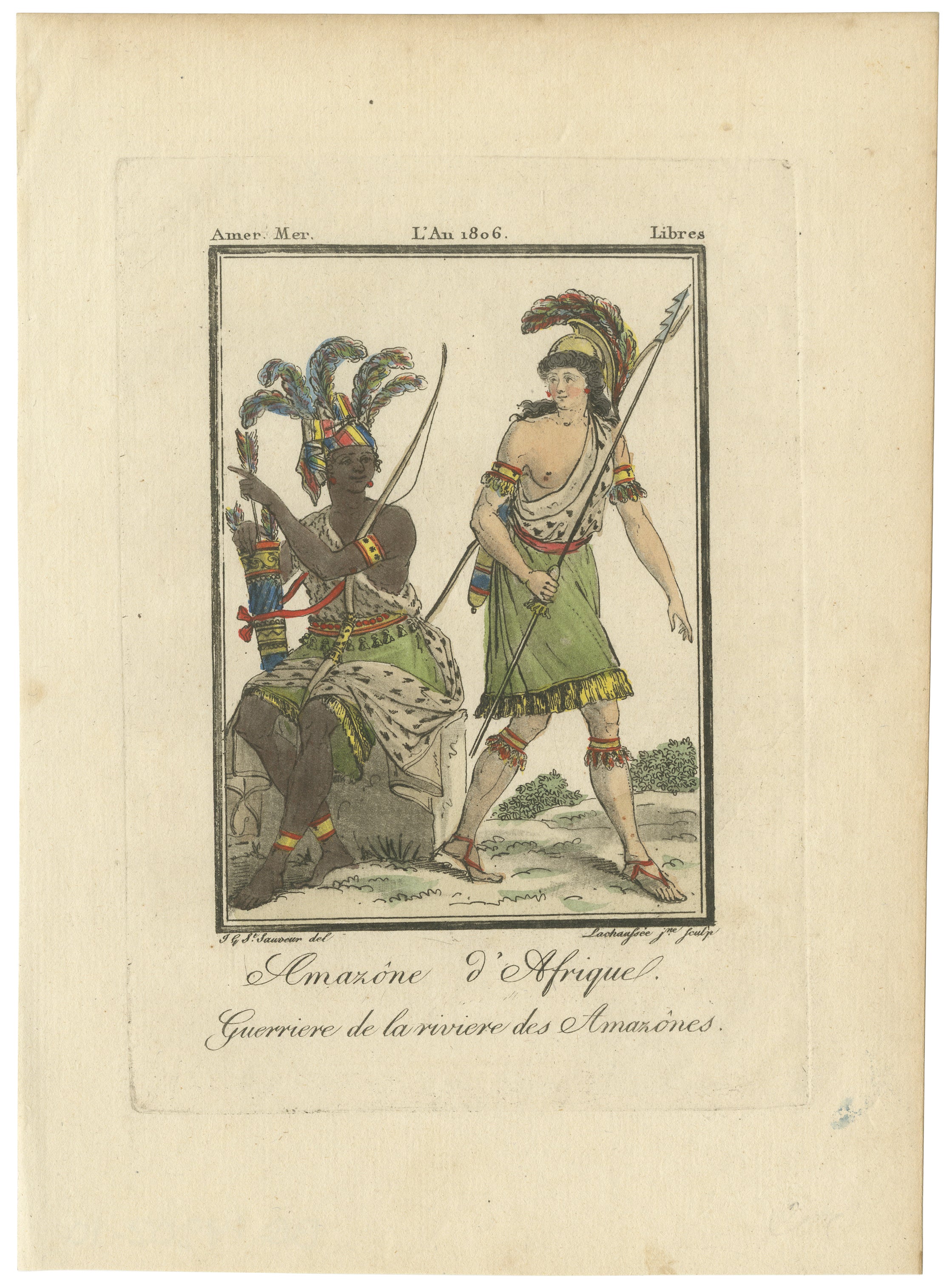 African Amazon and Amazon River Warrior, Hand-Colored Costume Engraving, 1806
