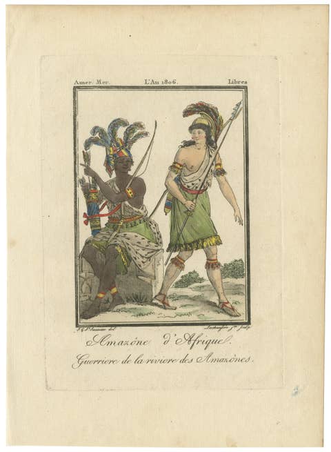 African Amazon and Amazon River Warrior, Hand-Colored Costume Engraving, 1806