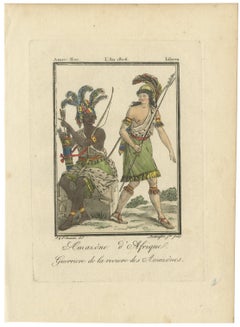 African Amazon and Amazon River Warrior, Hand-Colored Costume Engraving, 1806