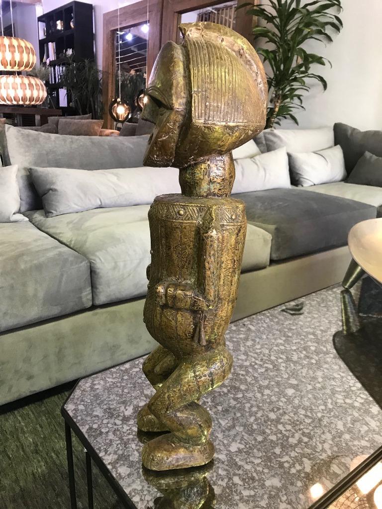 Hammered African Ambete Mbete Tribe Brass Wood Carved Standing Reliquary Figure