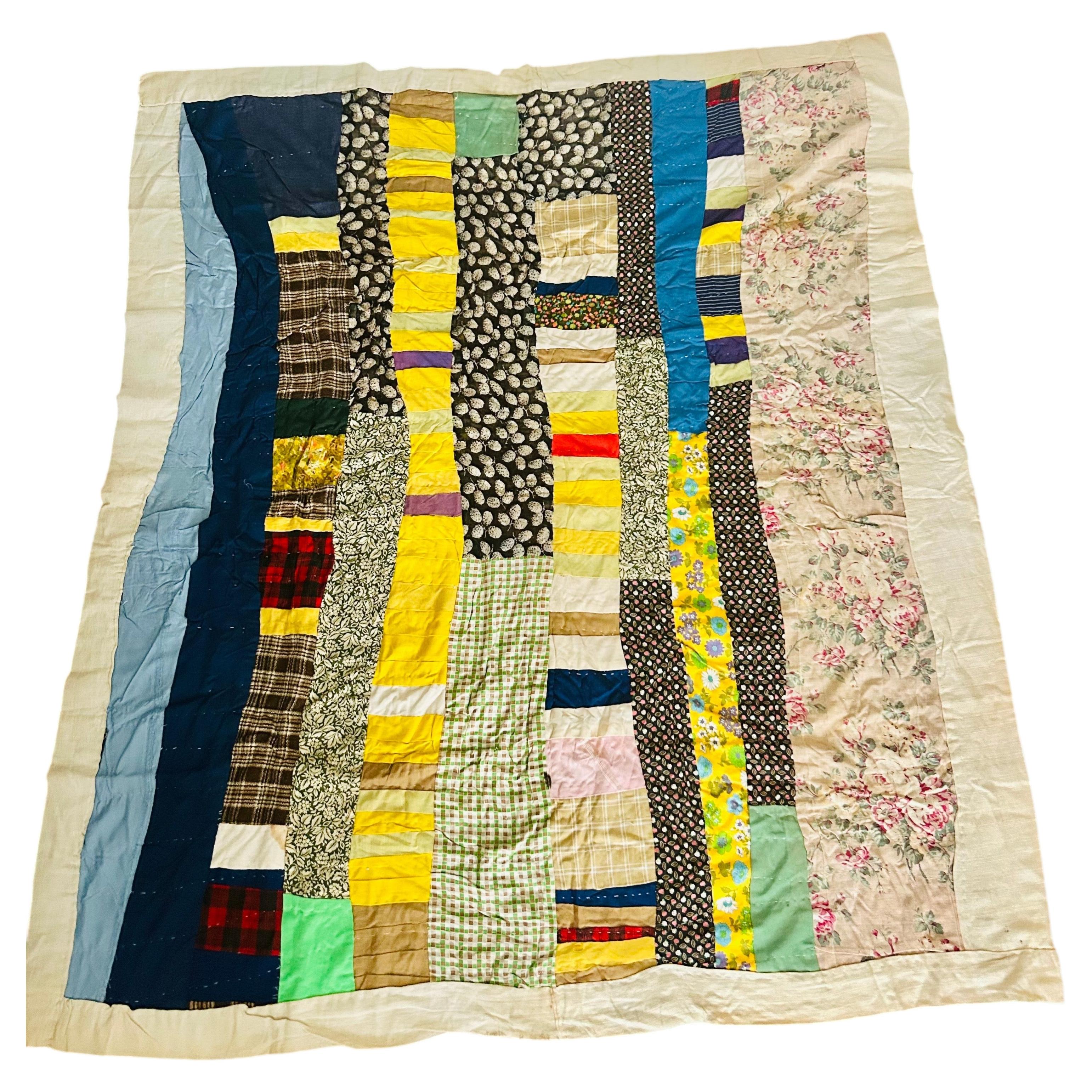 African American Improvisational Strip Quilt, Circa 1955 For Sale