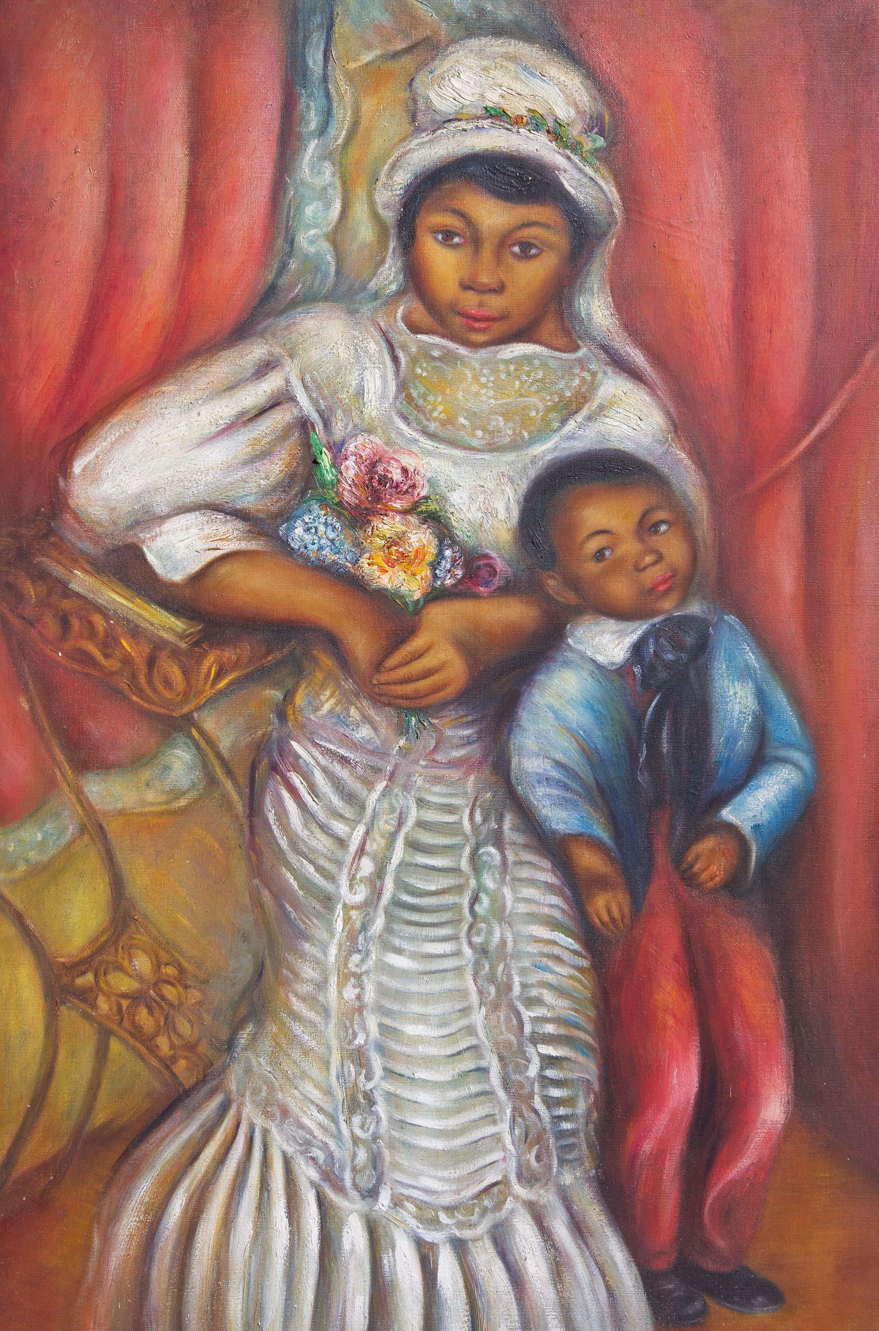 Fashionably dressed African American mother and child by Peggy Dodds (1900-1987). Large oil on canvas. Circa 1940's. Unframed.

Peggy Dodds lived in a home in the 1940's in Paterson, New Jersey and used a neighbors detached garage as a studio. The