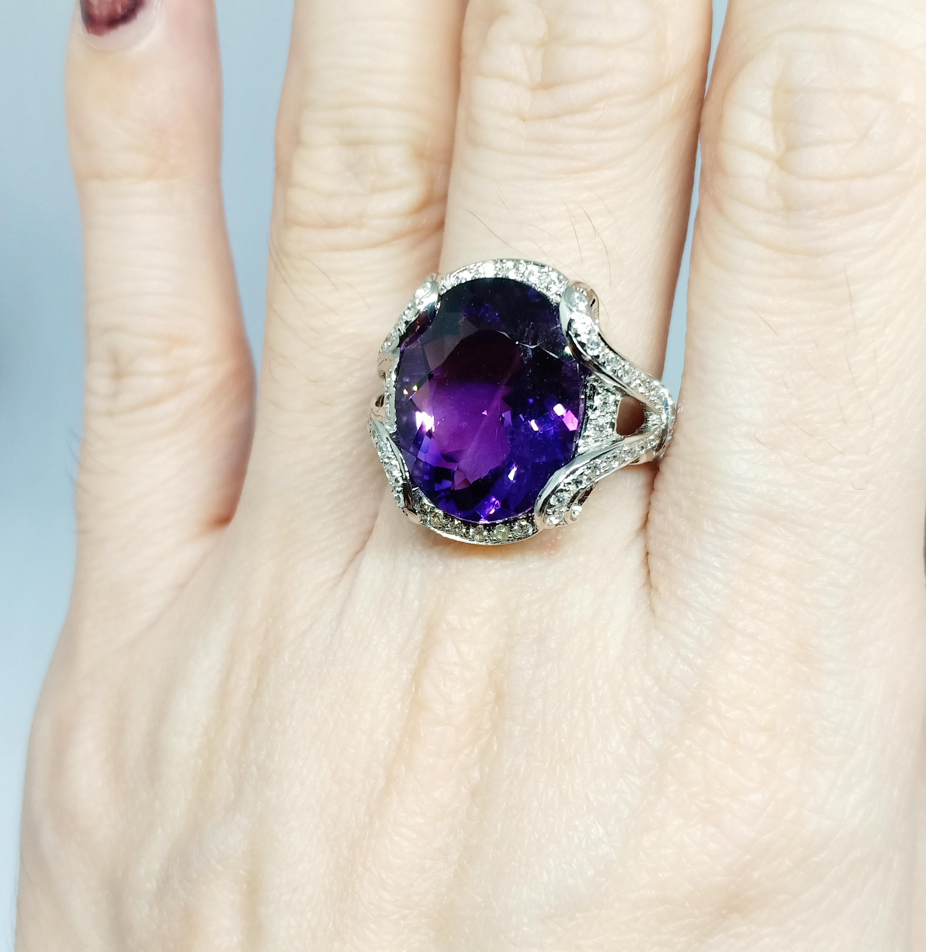 African Amethyst ring (8.56 cts) white zircon , silver in 18WG plated For Sale 3