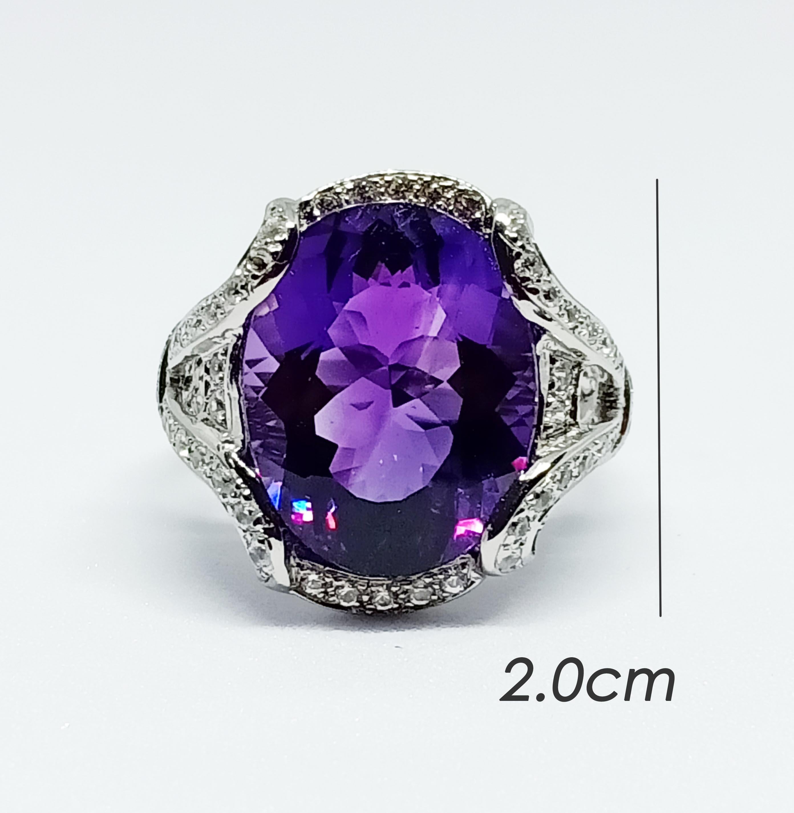 Art Nouveau African Amethyst ring (8.56 cts) white zircon , silver in 18WG plated For Sale