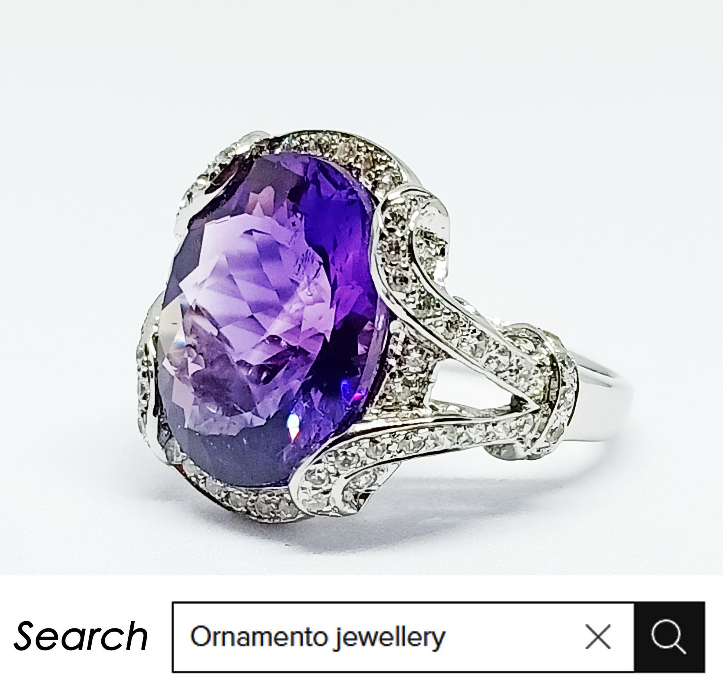 Oval Cut African Amethyst ring (8.56 cts) white zircon , silver in 18WG plated For Sale