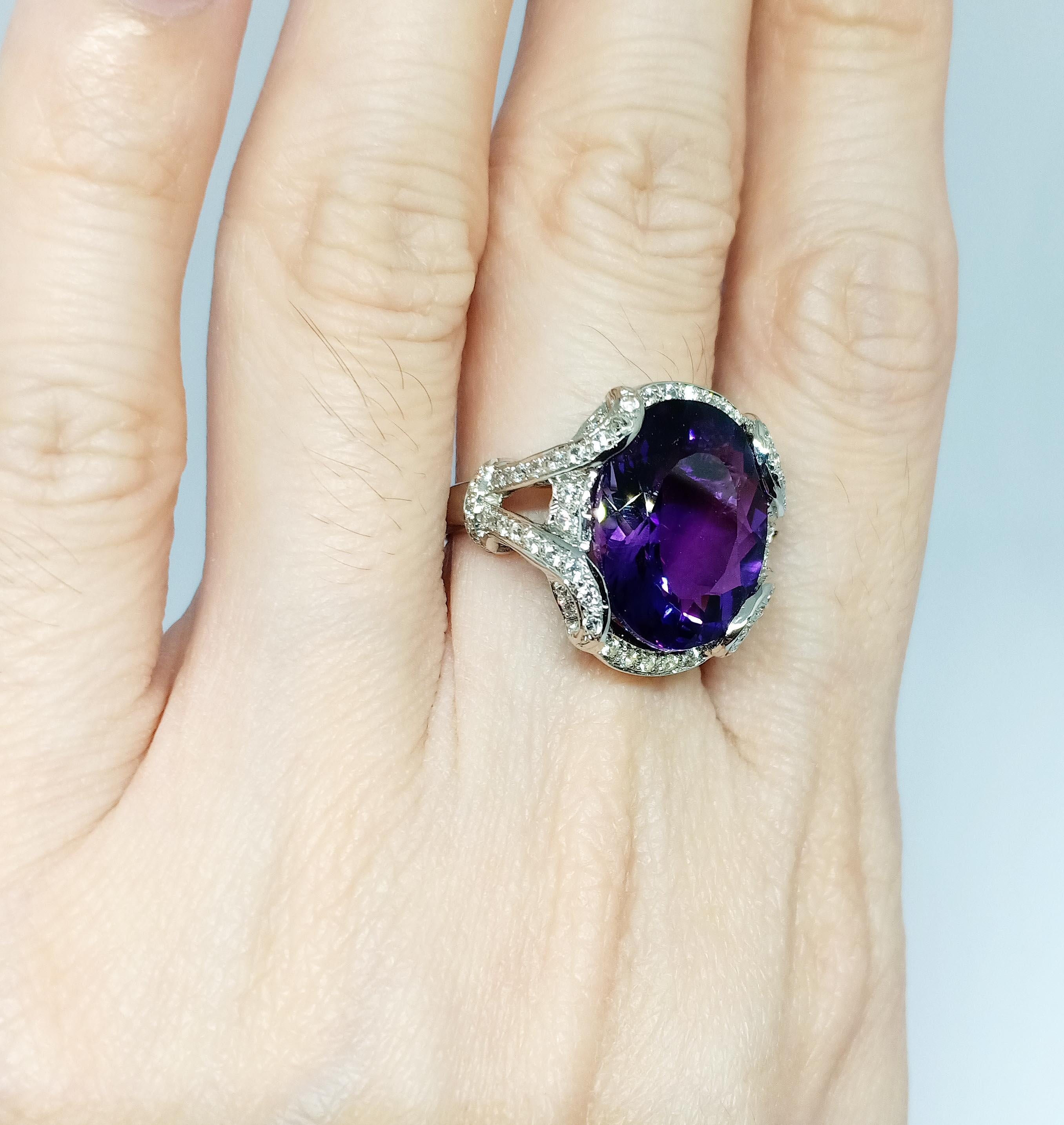 African Amethyst ring (8.56 cts) white zircon , silver in 18WG plated For Sale 2