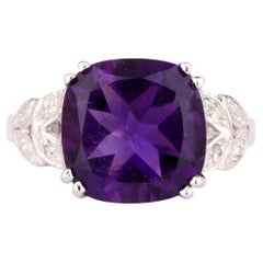 African Amethyst Ring With Diamonds 5.87 Carats Sterling Silver
