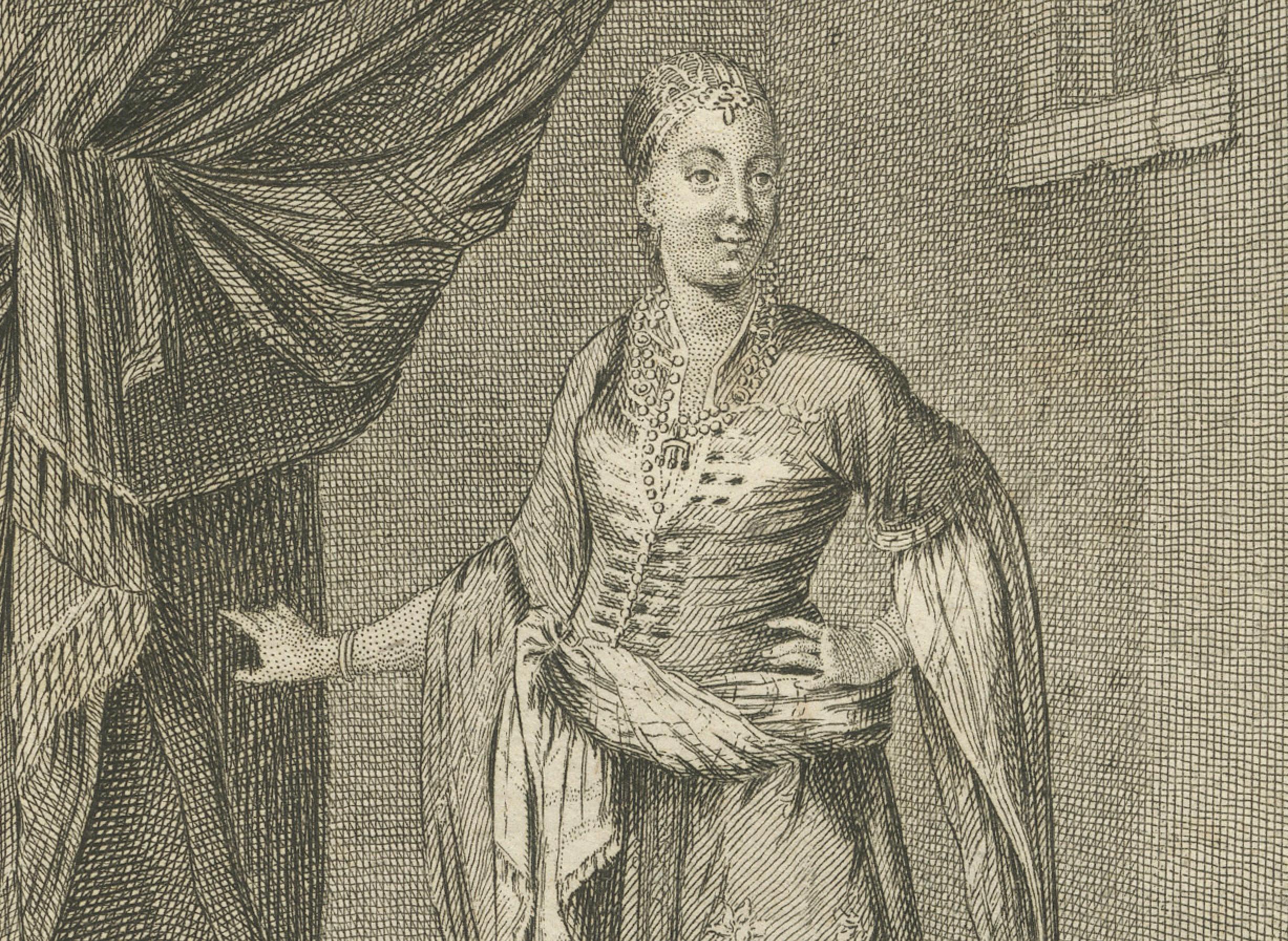 Titre : Femmes africaines et mauresques en tenue traditionnelle - Rare gravure en costume de 1734

Description :
Cette gravure sur cuivre finement détaillée, datant de 1734, présente quatre portraits distincts de femmes africaines et mauresques,