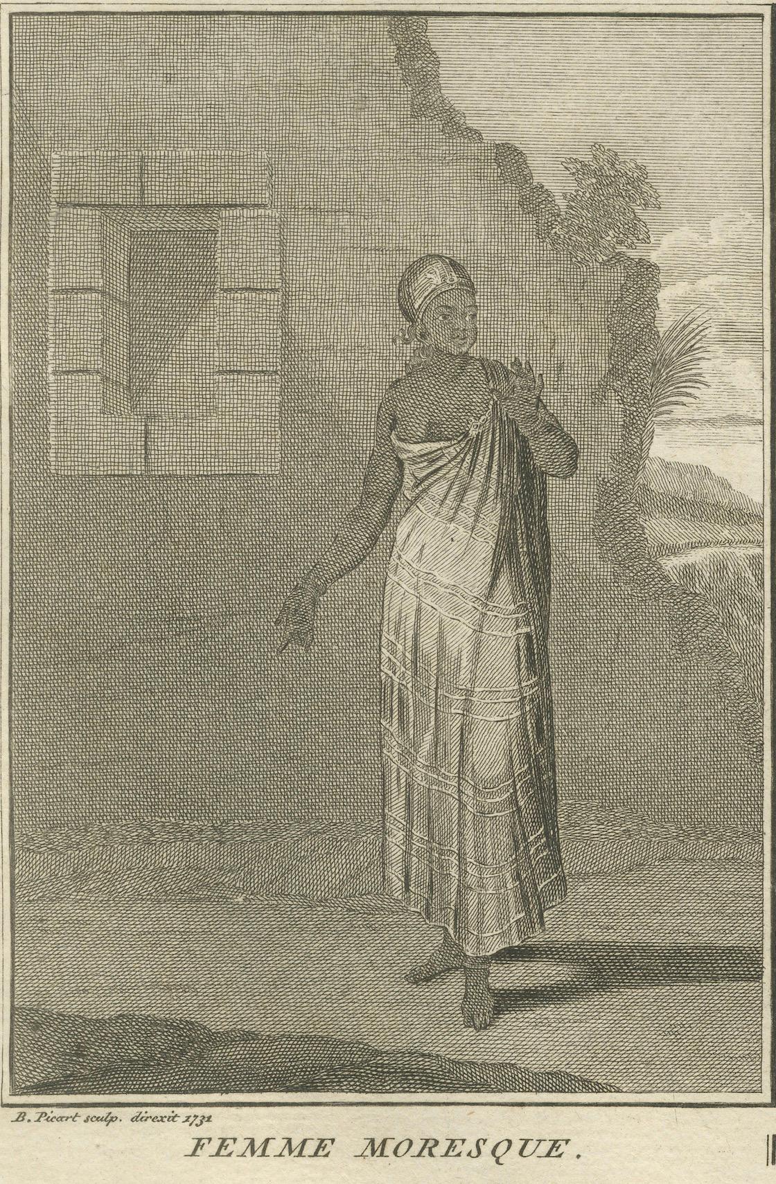 Femmes africaines et mauresques en tenue traditionnelle - Rare gravure en costume de 1734 Bon état - En vente à Langweer, NL