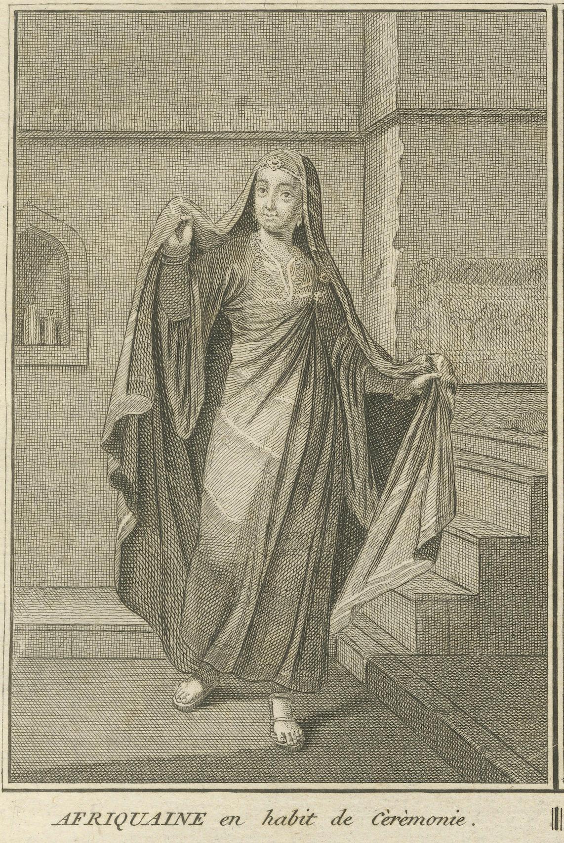 Papier Femmes africaines et mauresques en tenue traditionnelle - Rare gravure en costume de 1734 en vente