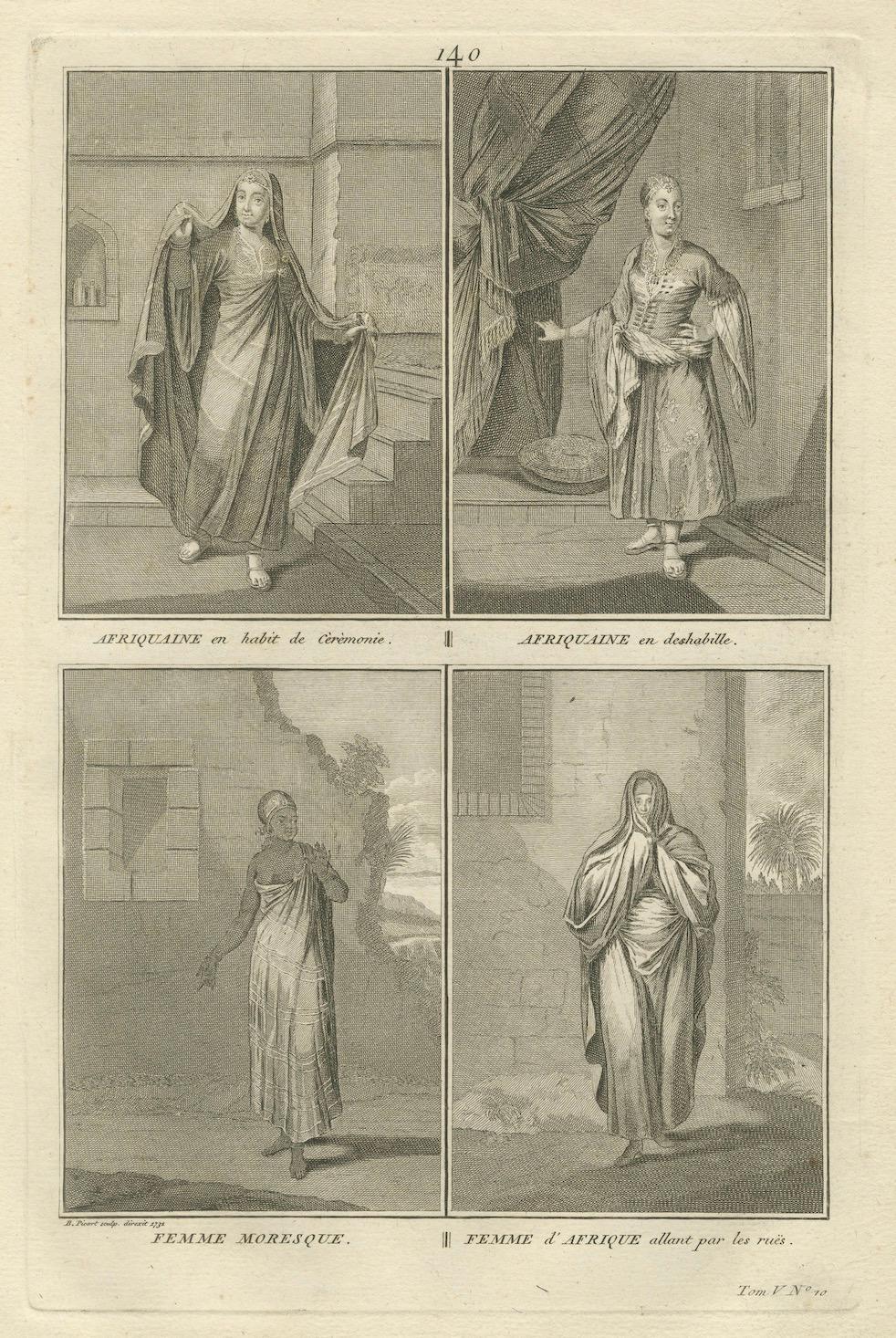 Femmes africaines et mauresques en tenue traditionnelle - Rare gravure en costume de 1734 en vente 1