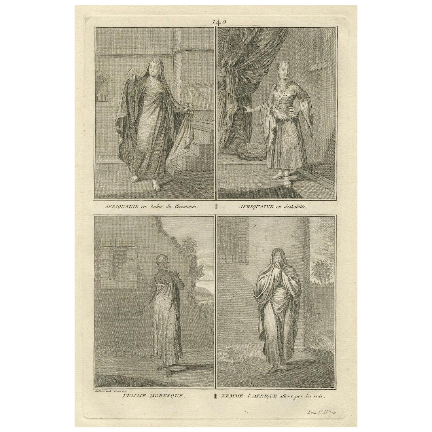 Femmes africaines et mauresques en tenue traditionnelle - Rare gravure en costume de 1734 en vente