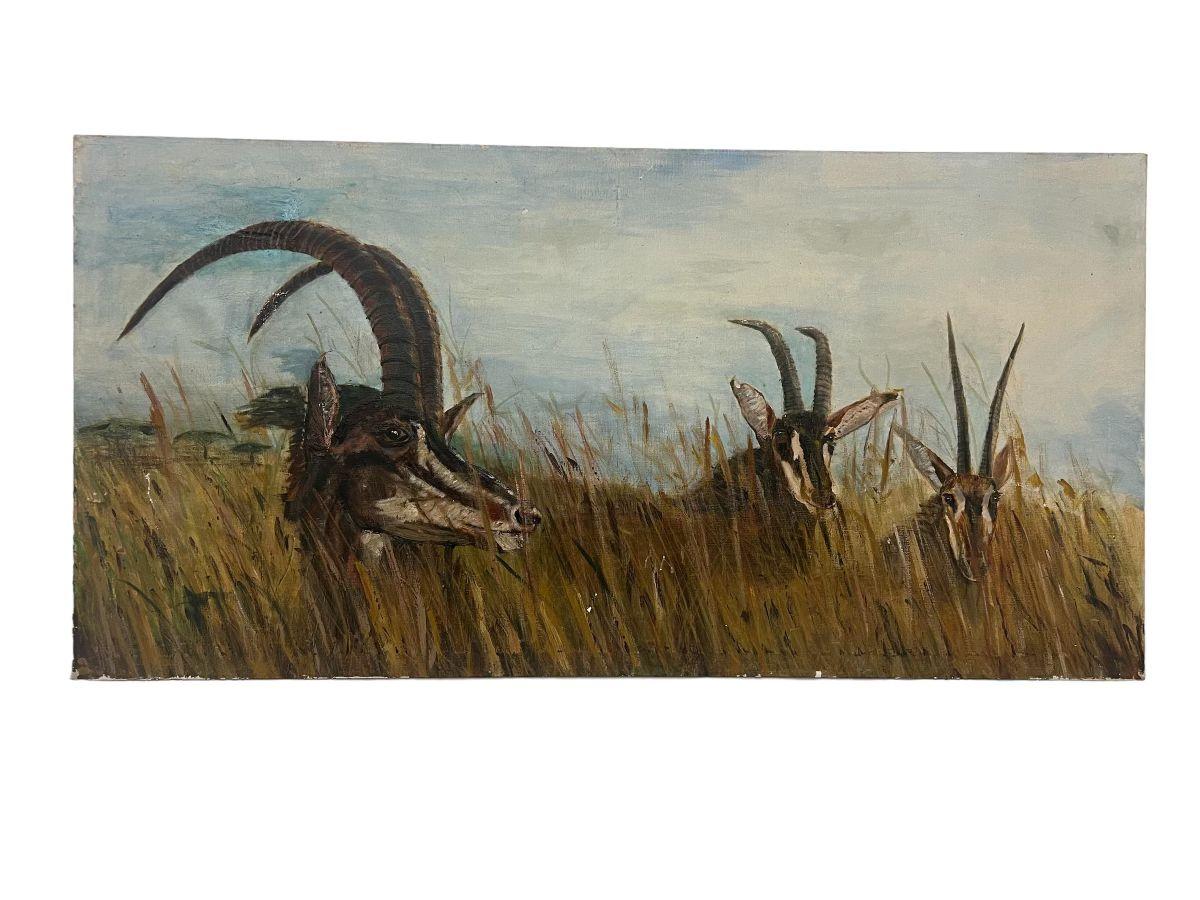 Dieses große Leinwandgemälde stellt eine Antilope dar und ist im modernen Stil der Jahrhundertmitte gehalten. Es hat eine kleine Reparatur in der Nähe der Hörner der Antilope im Vordergrund. Dieses Stück hat eine schöne Patina und Charakter. Vintage