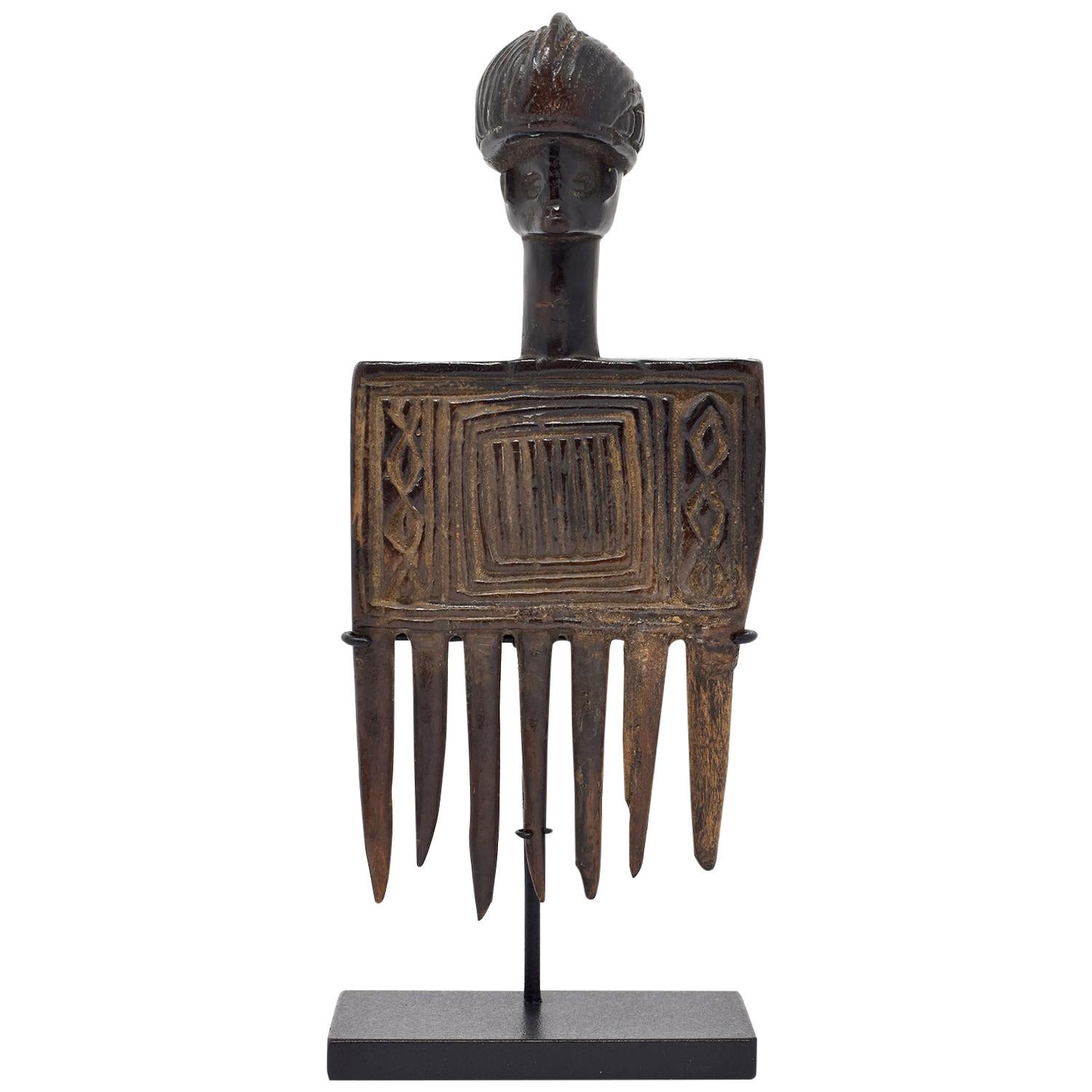 Early 20th Century African Antique Wood Comb with Human Head