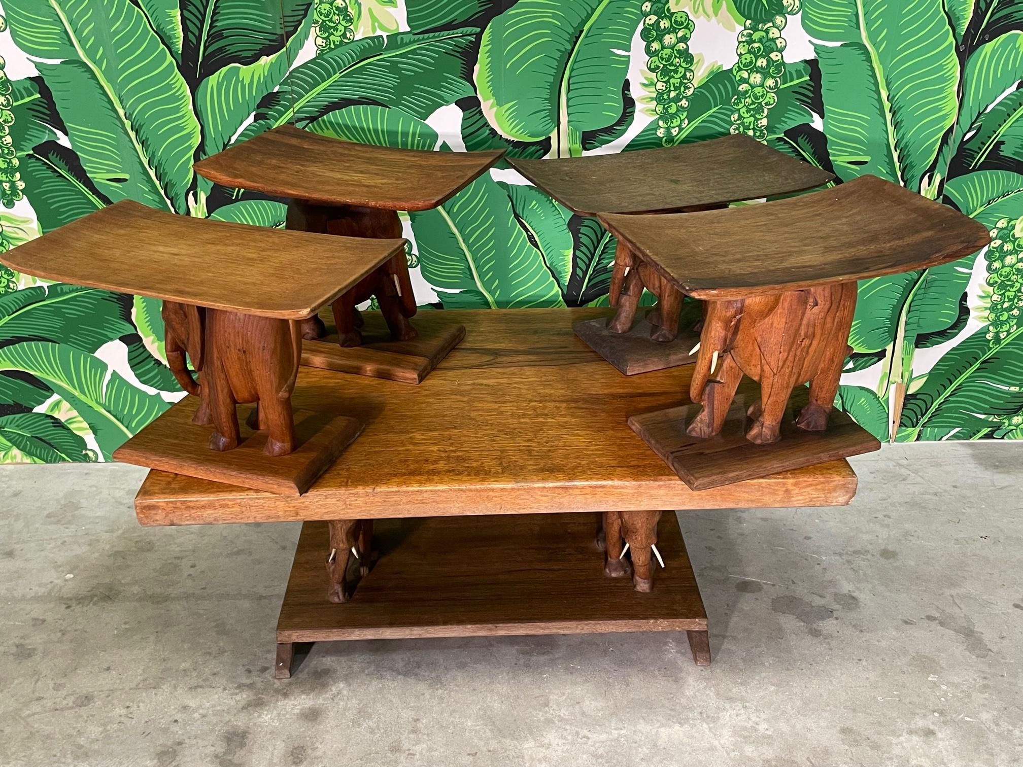Ghanaian African Art Deco Ashanti Style Elephant Table and Stools